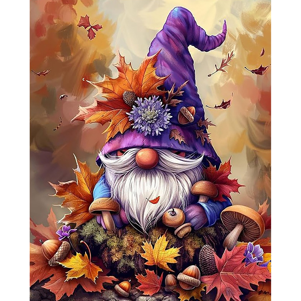 MalaMind Gallery V3 | 02 Master Artwork | FA-260921-014 | Bearded gnome in a purple hat surrounded by mushrooms, acorns, moss, and colorful autumn leaves
