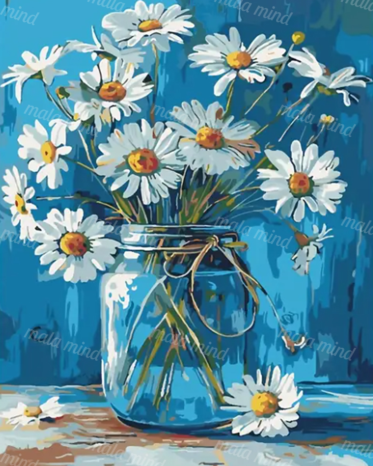 Painterly bouquet of white daisies in a blue glass jar on a textured blue tabletop — 02_master_artwork