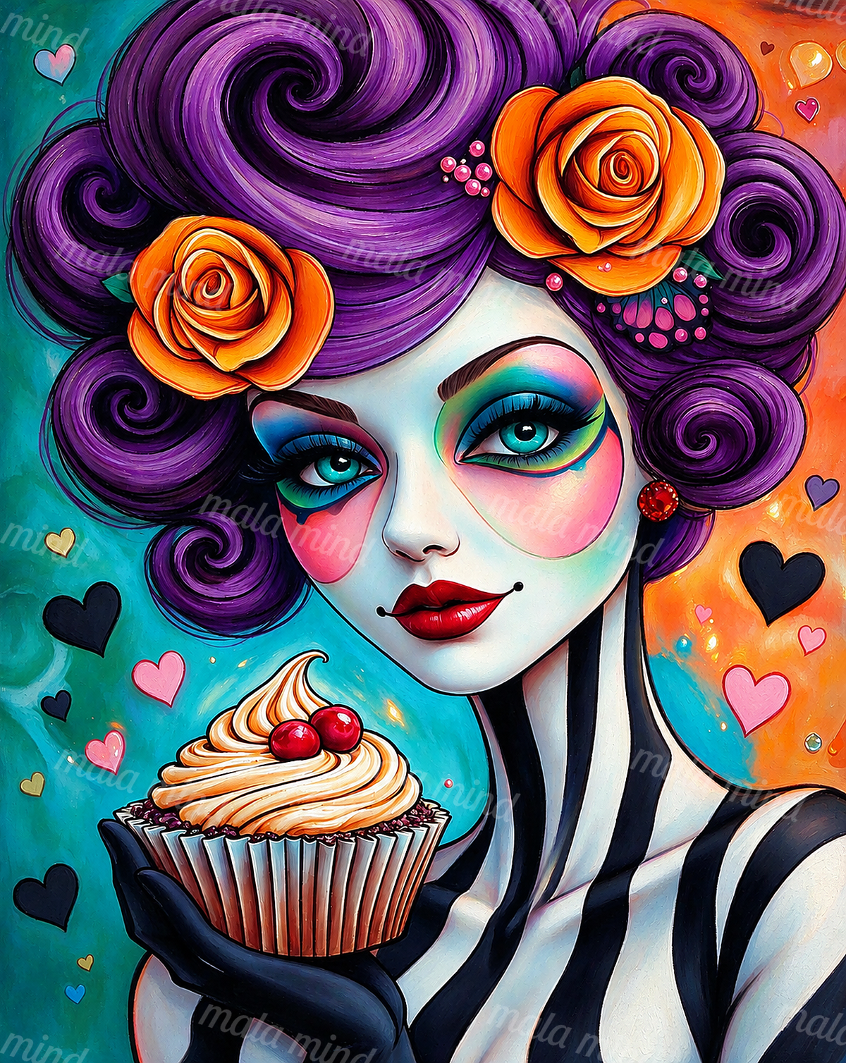 Pop-art woman with purple curled hair holding a frosted cupcake topped with cherries — 02_master_artwork