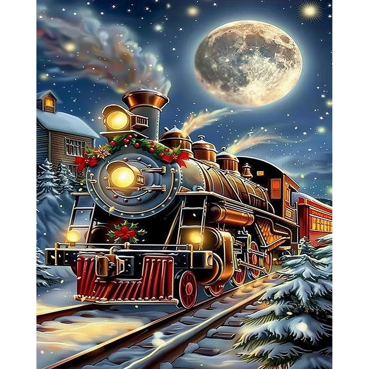 Decorated Christmas steam locomotive traveling through snowy scenery beneath a glowing full moon