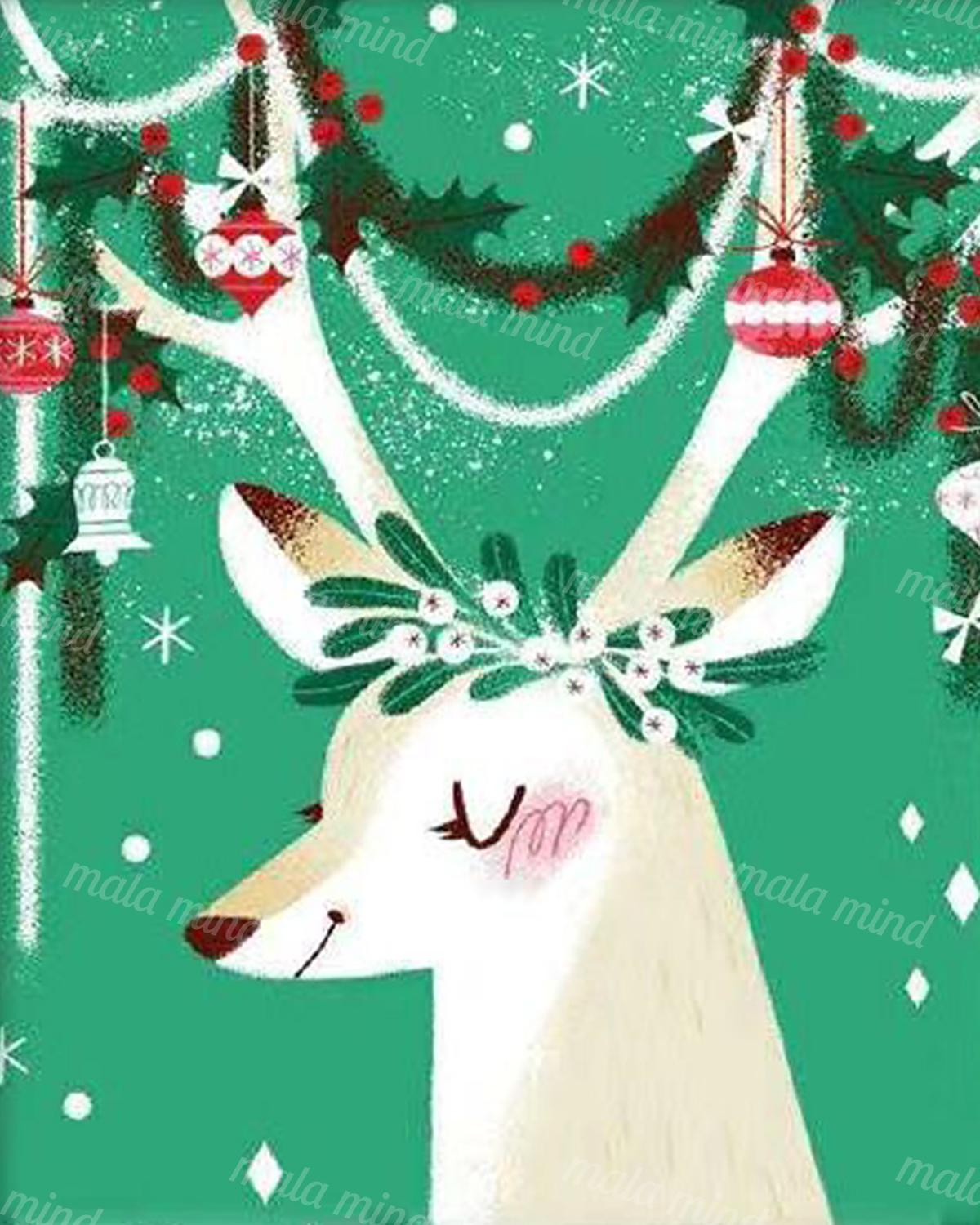Cream-colored Christmas reindeer with floral antlers, red ornaments, green garlands, and snowflake motifs — 02_master_artwork