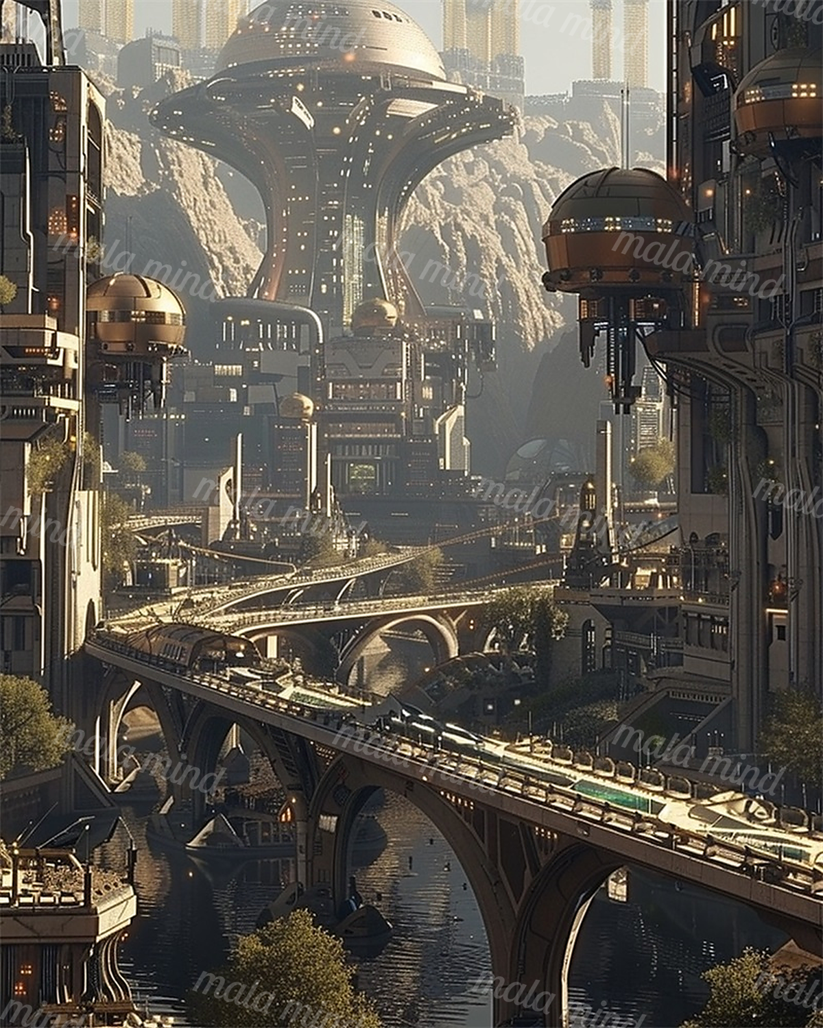 Futuristic city with a domed megastructure, layered bridges, waterways, and rocky cliffs — 02_master_artwork
