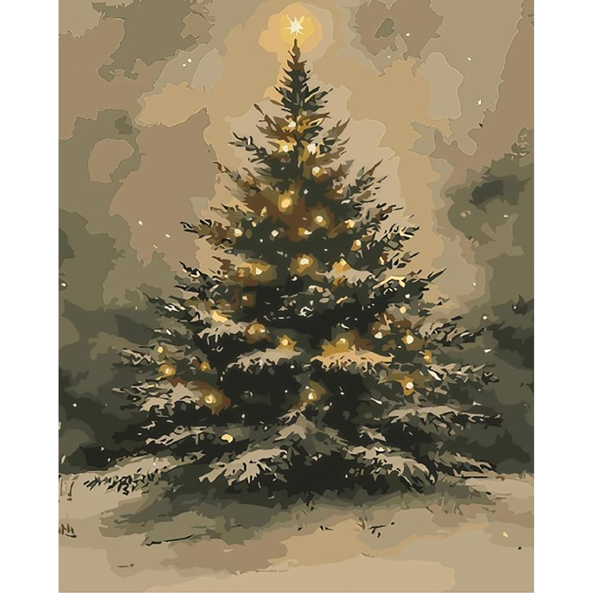 MalaMind Gallery V3 | 02 Master Artwork | CH-260921-001 | Painterly Christmas tree glowing with golden lights and a star in a snowy woodland