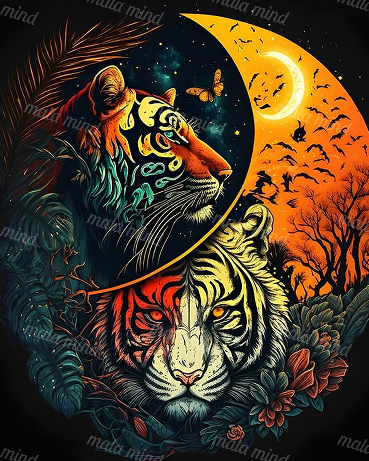 Two stylized tigers framed by foliage beneath an orange crescent moon with bats and stars — 02_master_artwork