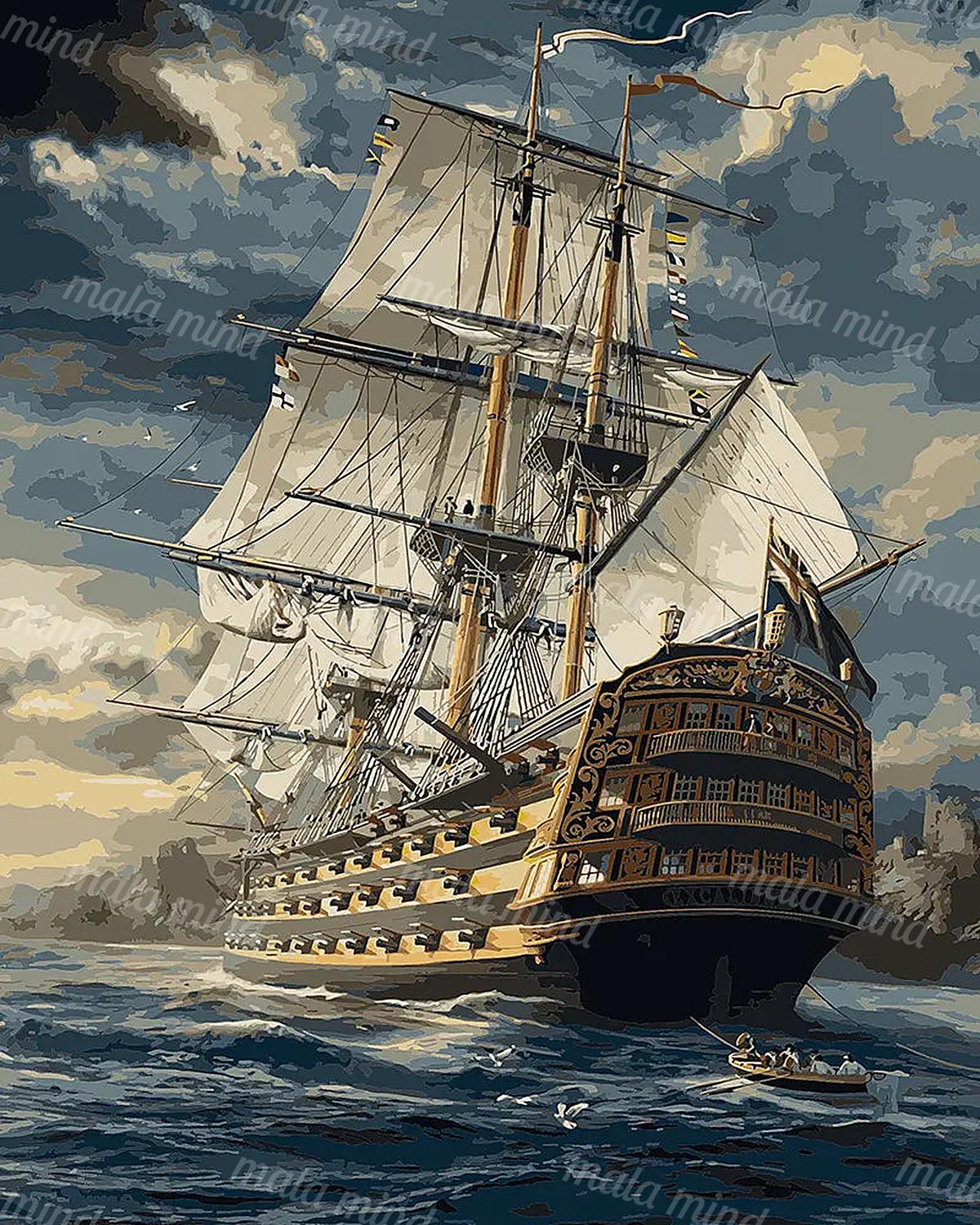 Ornate historic sailing ship with cream sails crossing choppy seas beneath a dramatic cloud-filled sky — 02_master_artwork