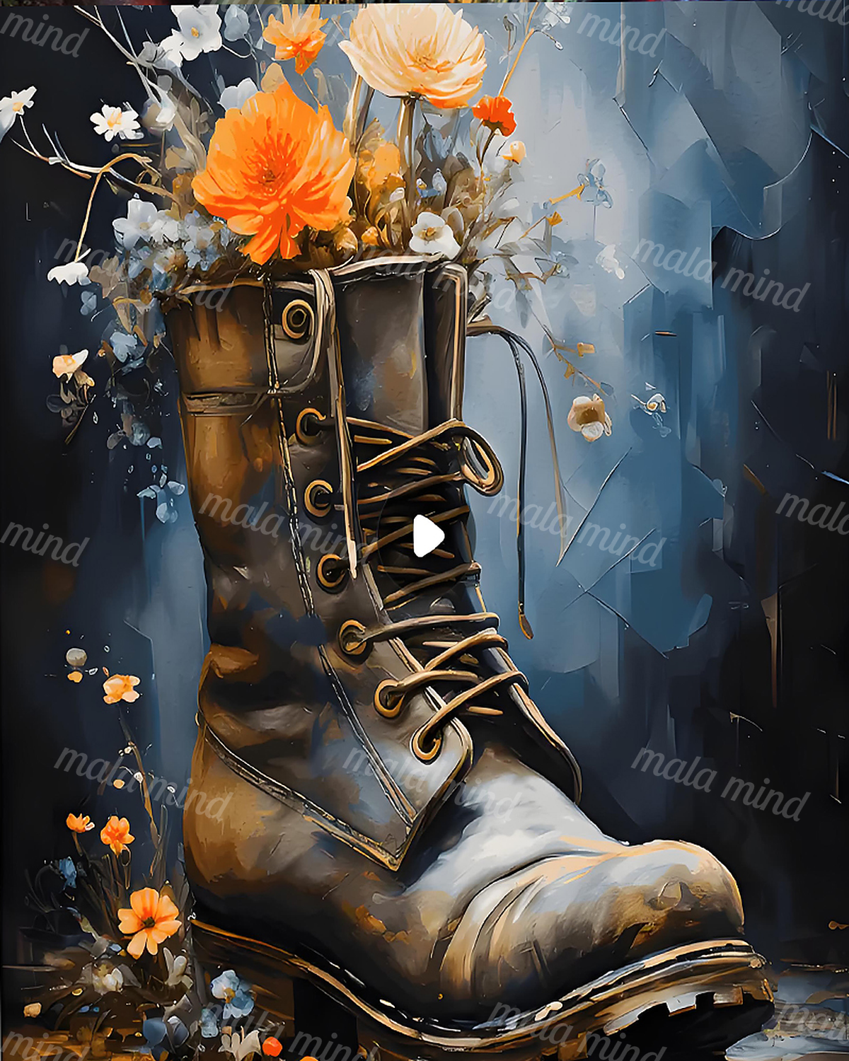 Painterly brown lace-up boot holding orange, cream, and white flowers against a dark blue background — 02_master_artwork