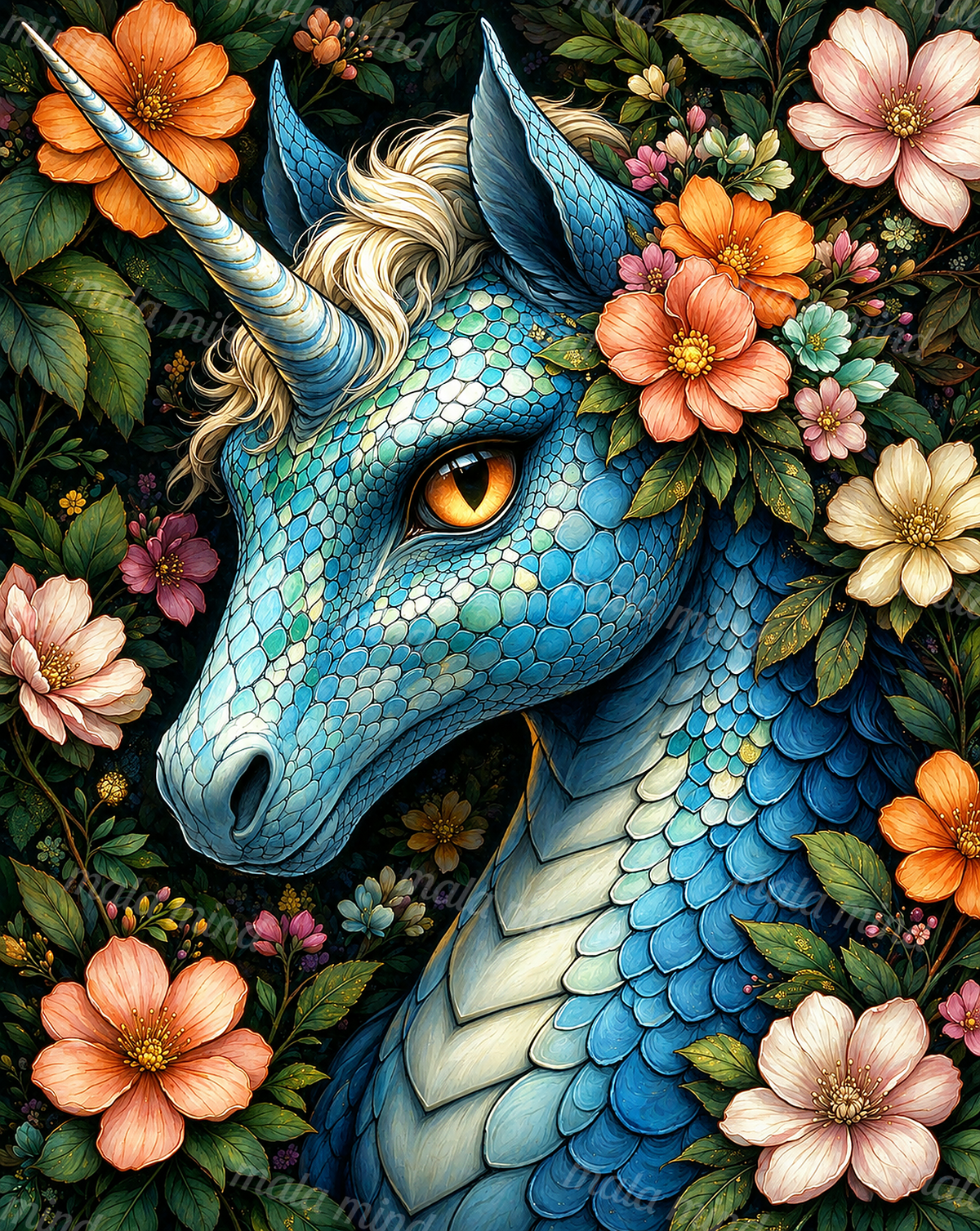 Blue horned dragon with turquoise scales surrounded by colorful flowers and dark green foliage — 02_master_artwork