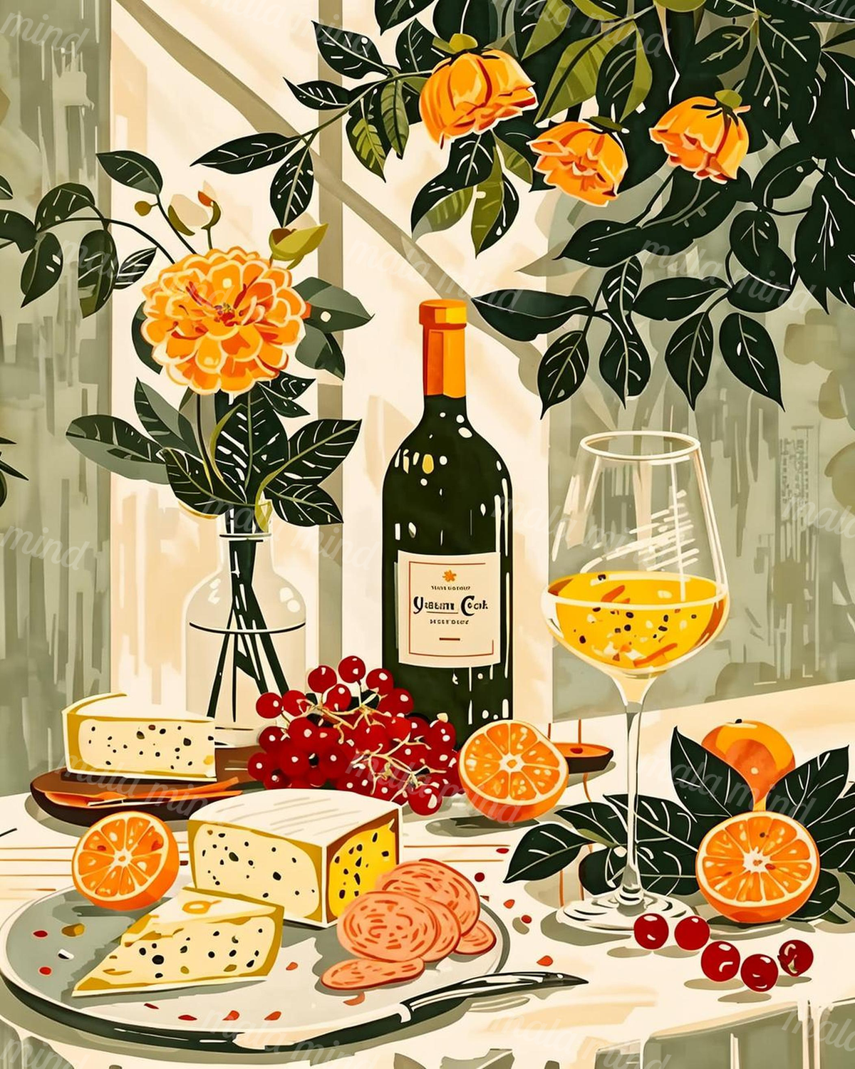 Stylized still life with orange flowers, wine, cheese, grapes, citrus, and cured meat — 02_master_artwork