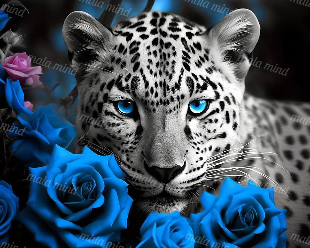 White leopard with bright blue eyes framed by vivid blue roses and a pink rose — 02_master_artwork