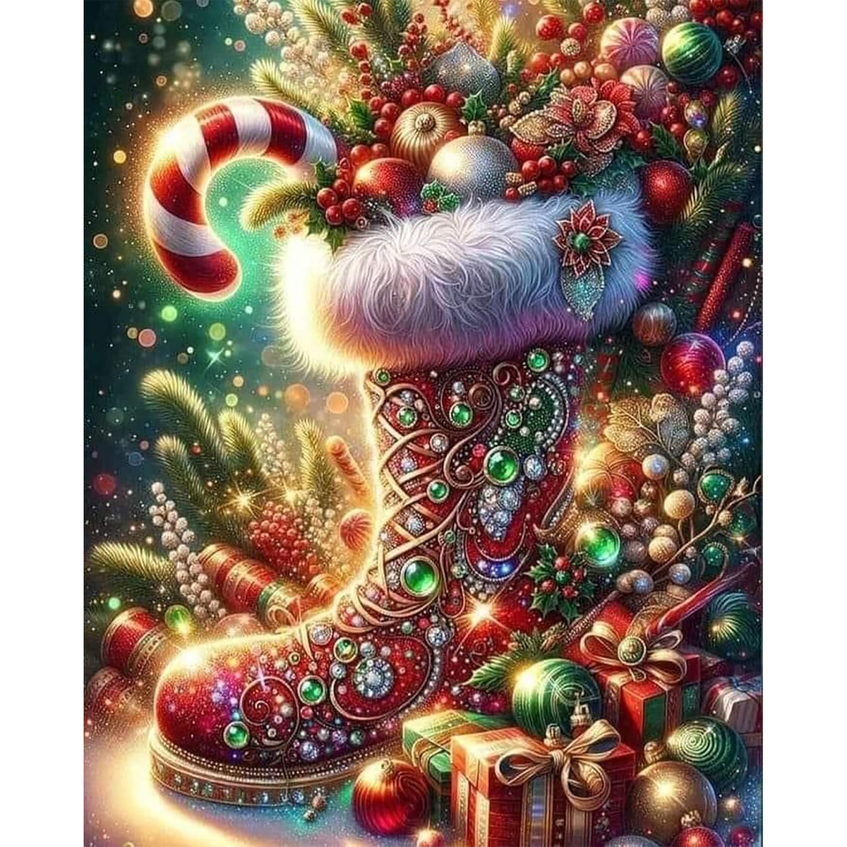 Jeweled red Christmas stocking with blue cuff, ornaments, candy cane, greenery, lights, and wrapped gifts