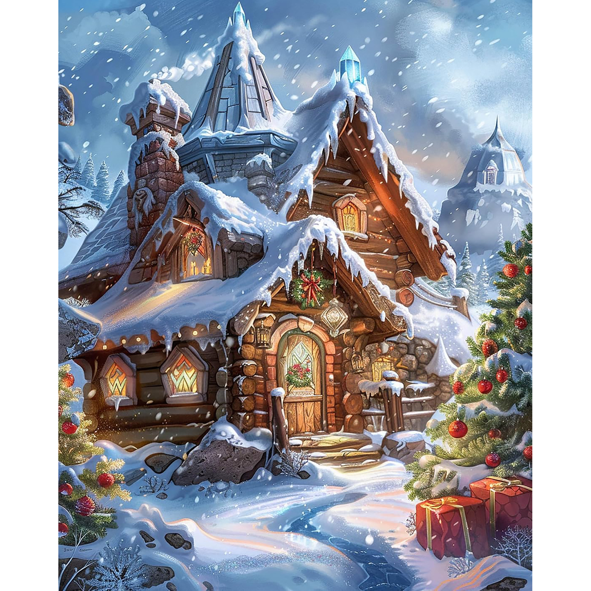 Snow-covered Christmas village cabin with glowing windows, evergreen branches, ornaments, presents, and falling snow