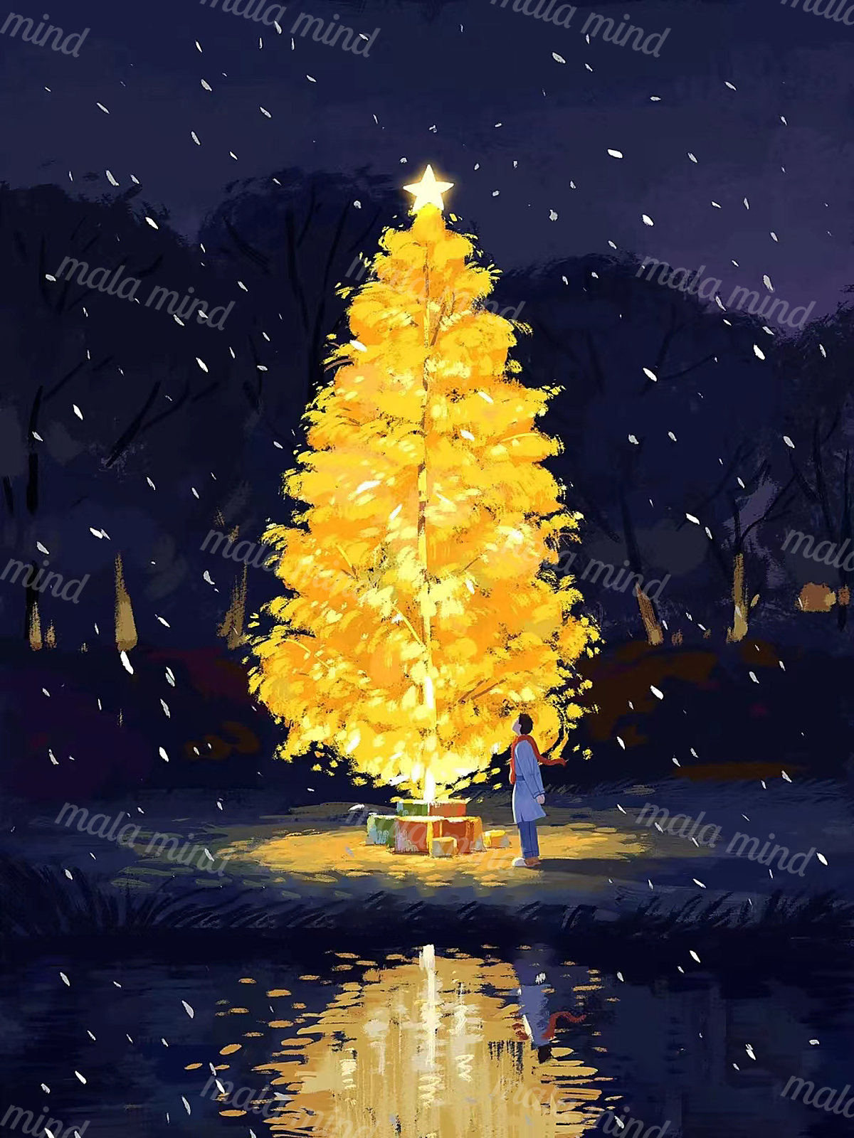 Glowing golden Christmas tree with star, gifts, falling snow, person, and pond reflection in a dark woodland — 02_master_artwork
