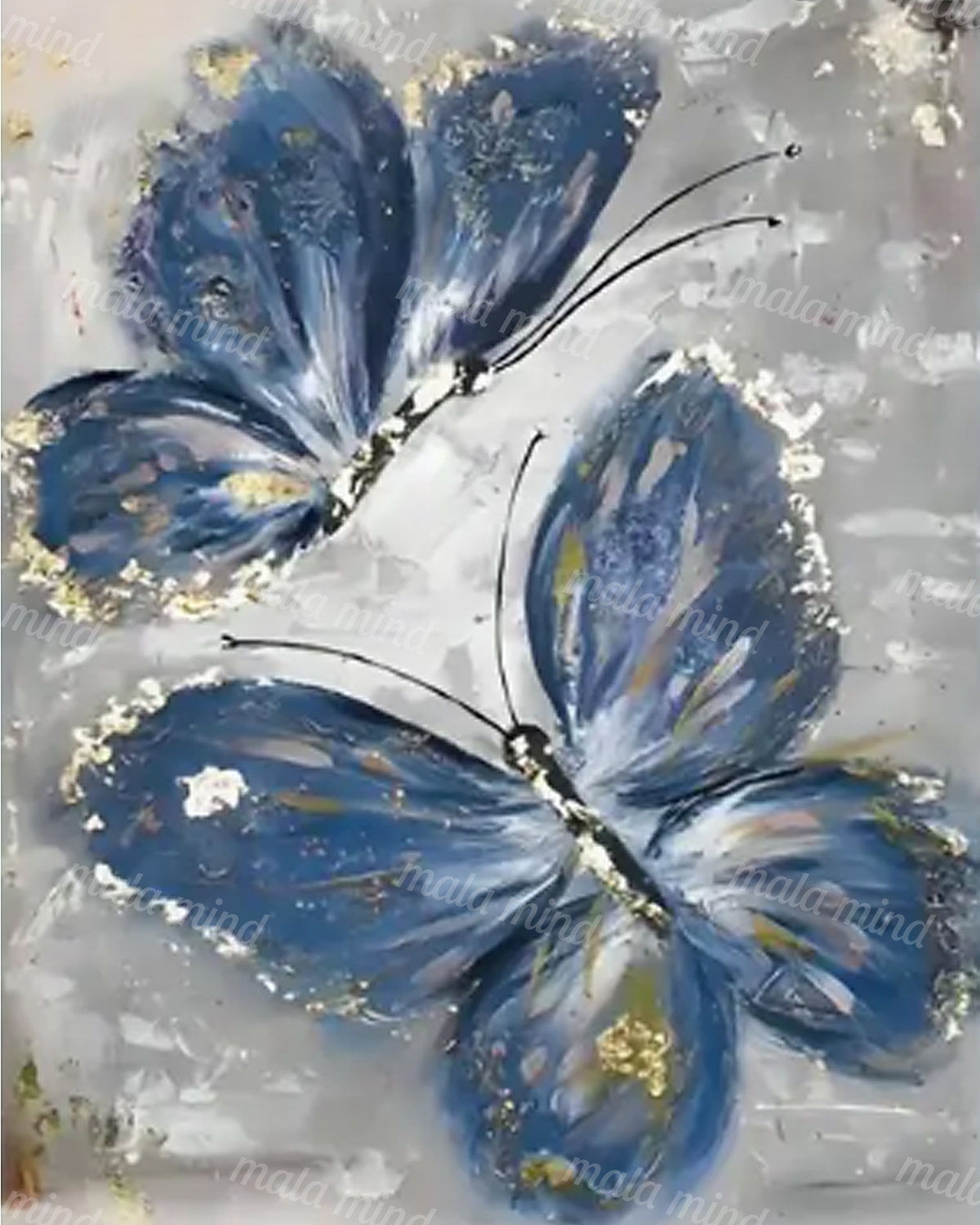 Two blue butterflies with black antennae on a textured gray, white, and gold abstract background — 02_master_artwork