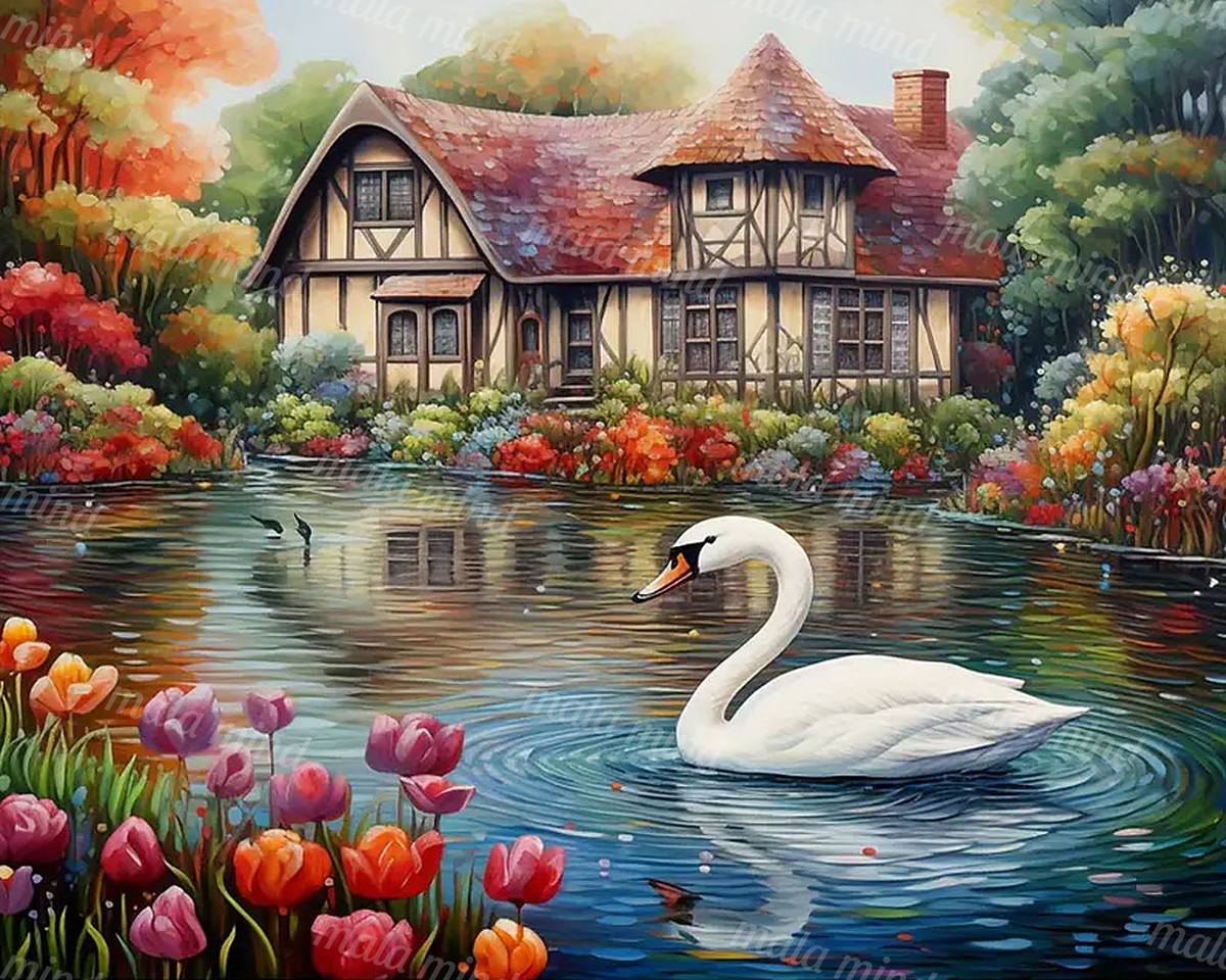 White swan gliding on a flower-lined pond before a half-timbered cottage — 02_master_artwork