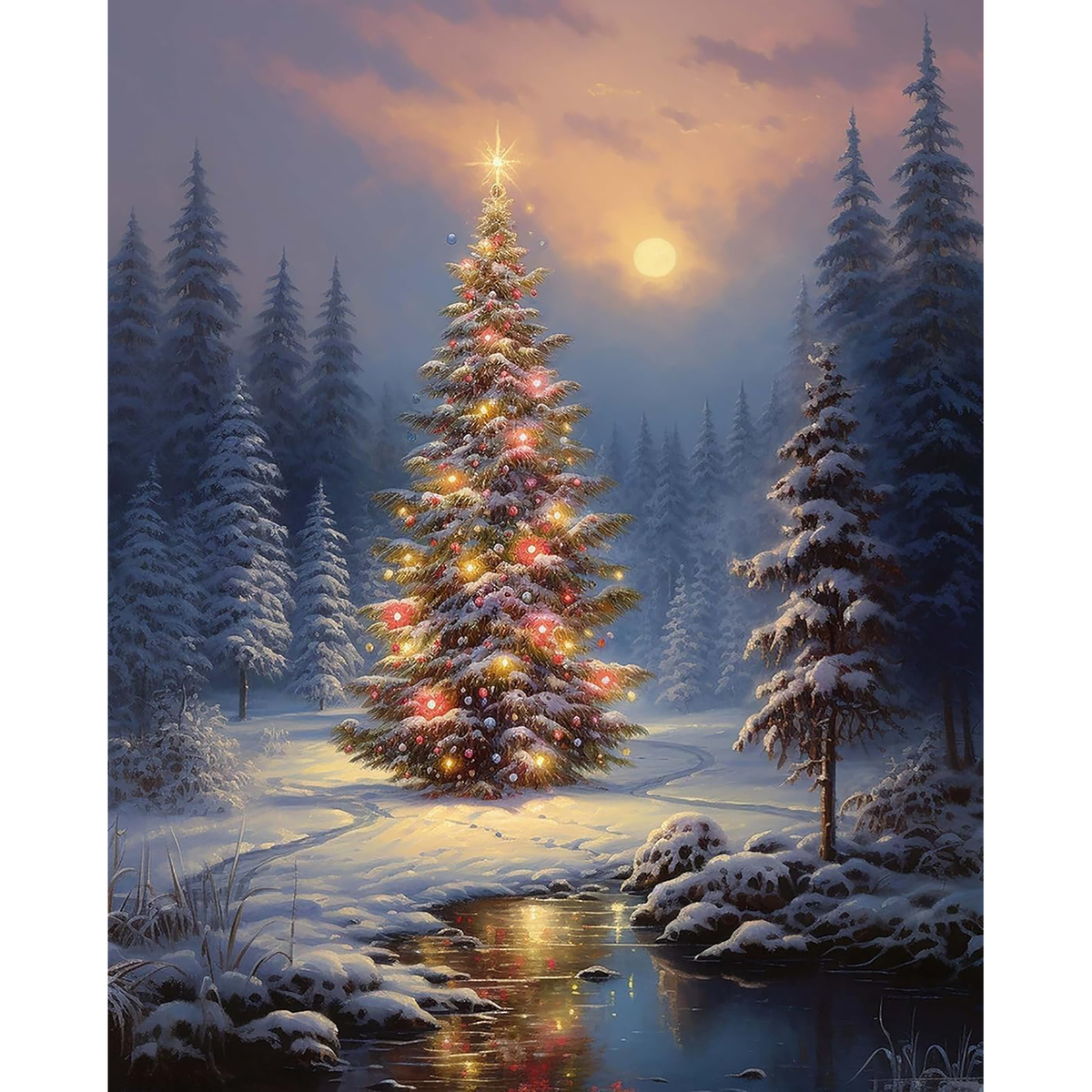 Glowing decorated Christmas tree beside a reflective stream in a snowy evergreen forest at twilight