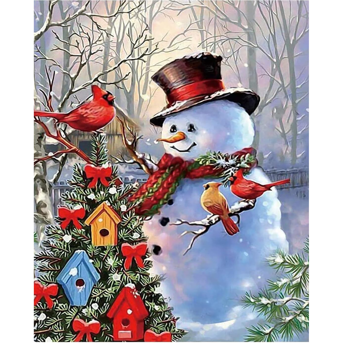 MalaMind Gallery V3 | 02 Master Artwork | CH-260921-073 | Smiling snowman in a top hat and scarf with cardinals beside a decorated evergreen and birdhouses