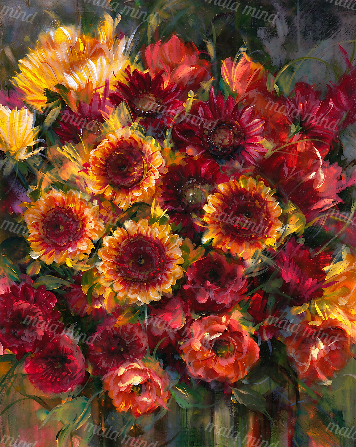 Painterly bouquet of red, orange, and yellow flowers surrounded by dark green foliage — 02_master_artwork