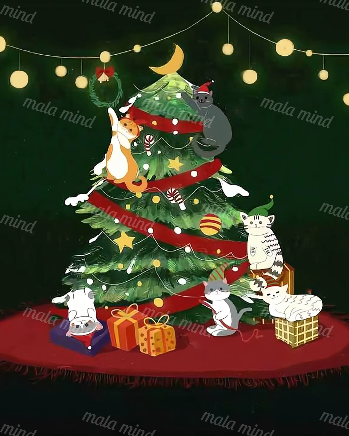 Whimsical Christmas tree with red ribbons, gifts, string lights, and several cats gathered around it — 02_master_artwork