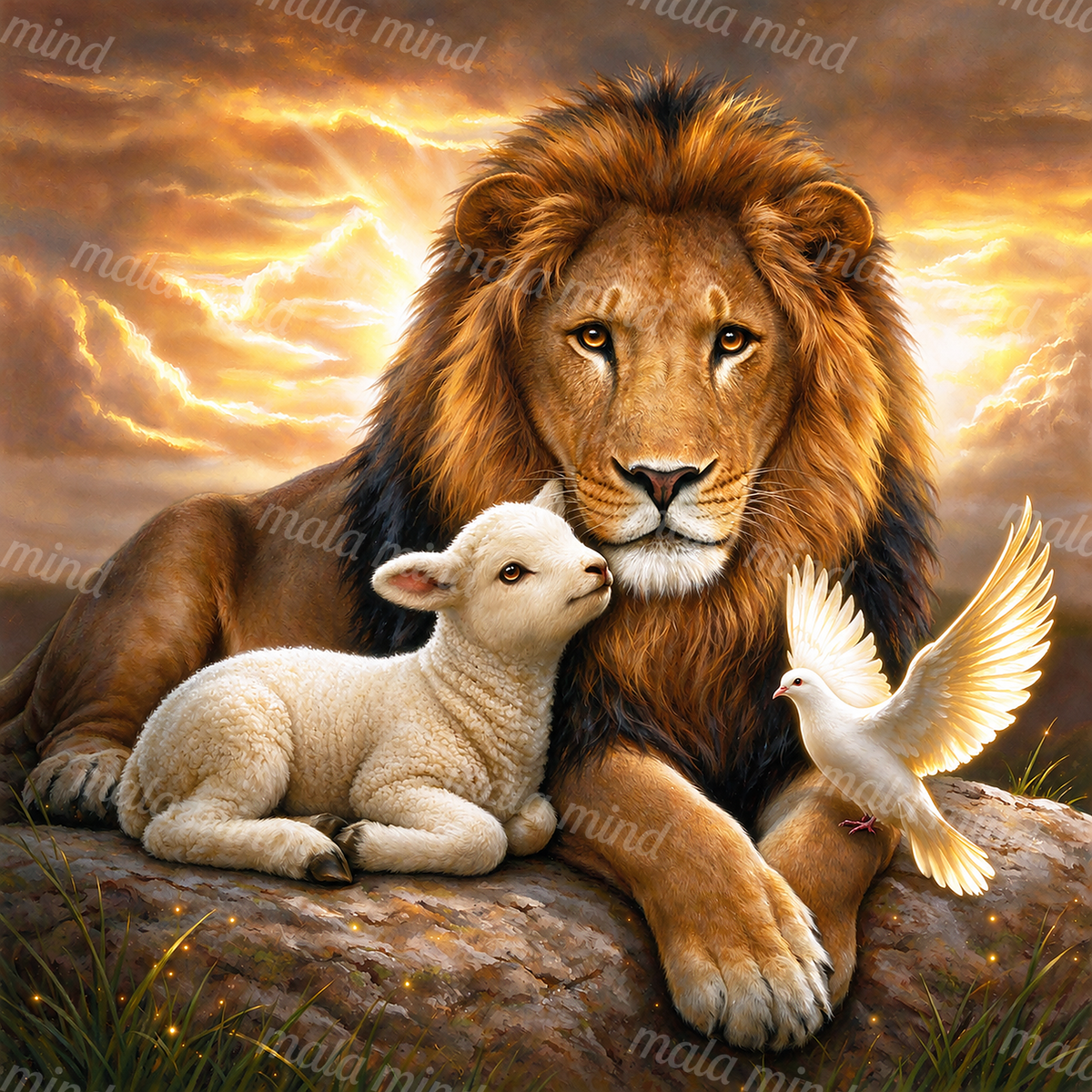 Realistic lion resting beside a white lamb and flying dove beneath glowing sunset clouds — 02_master_artwork