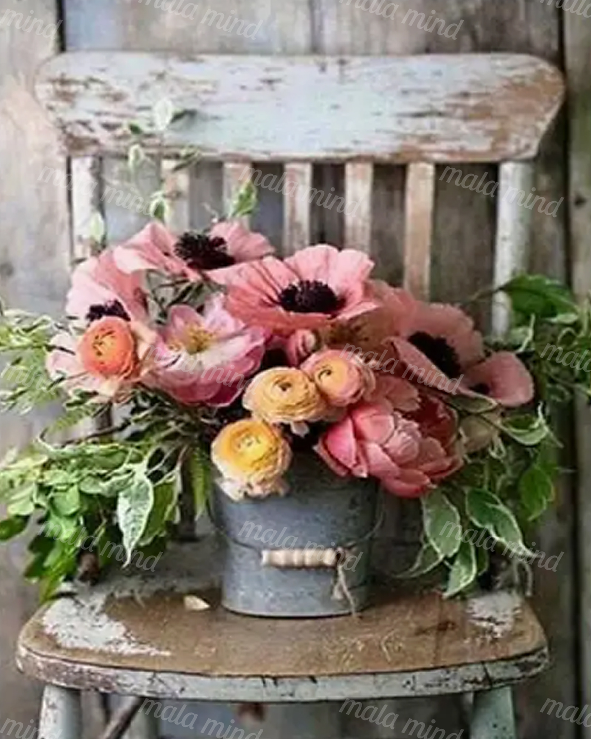 Pink and yellow flower bouquet in a gray pail resting on a weathered wooden chair — 02_master_artwork