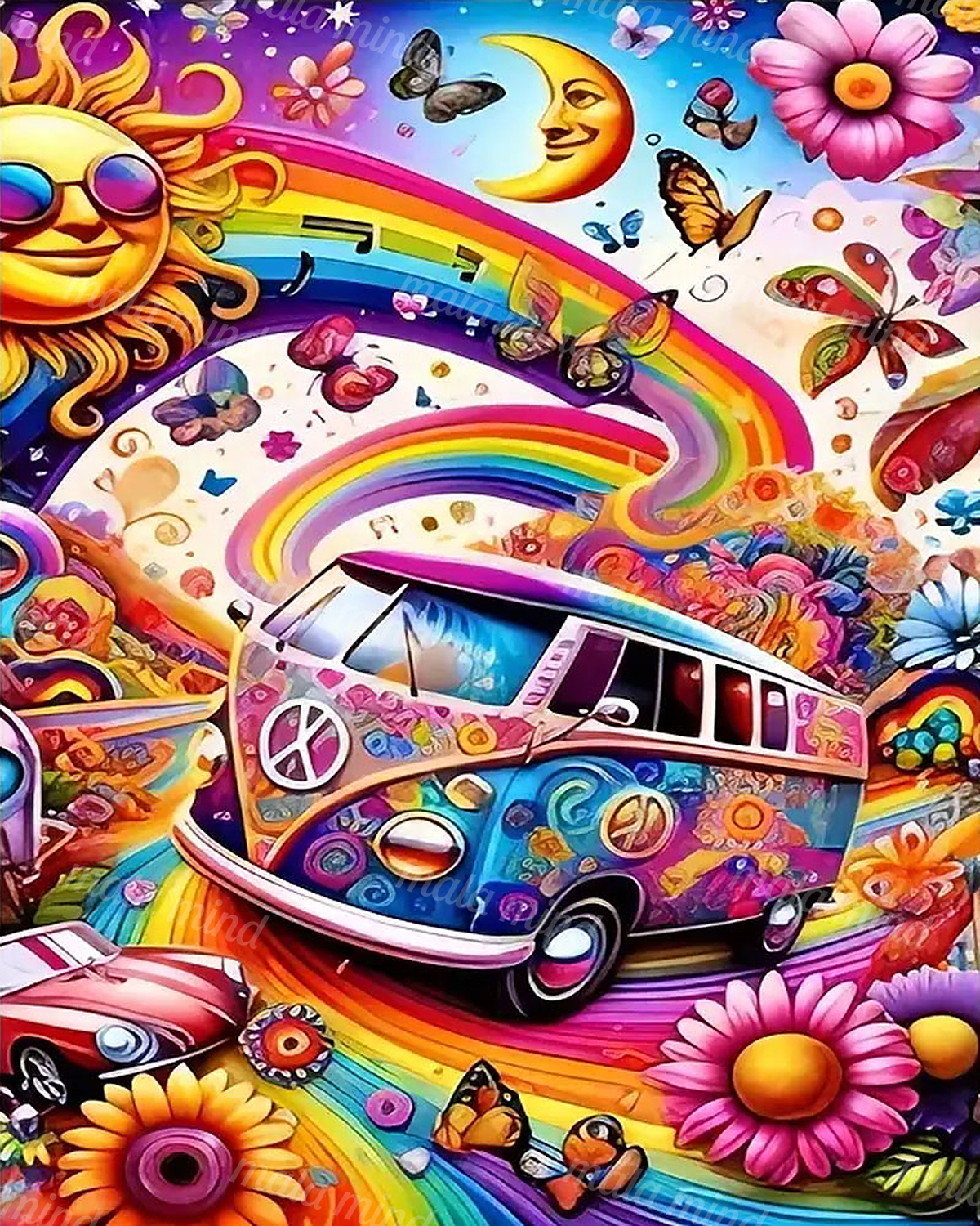 Colorful decorated vintage van surrounded by rainbows, flowers, butterflies, musical notes, and a smiling crescent moon — 02_master_artwork