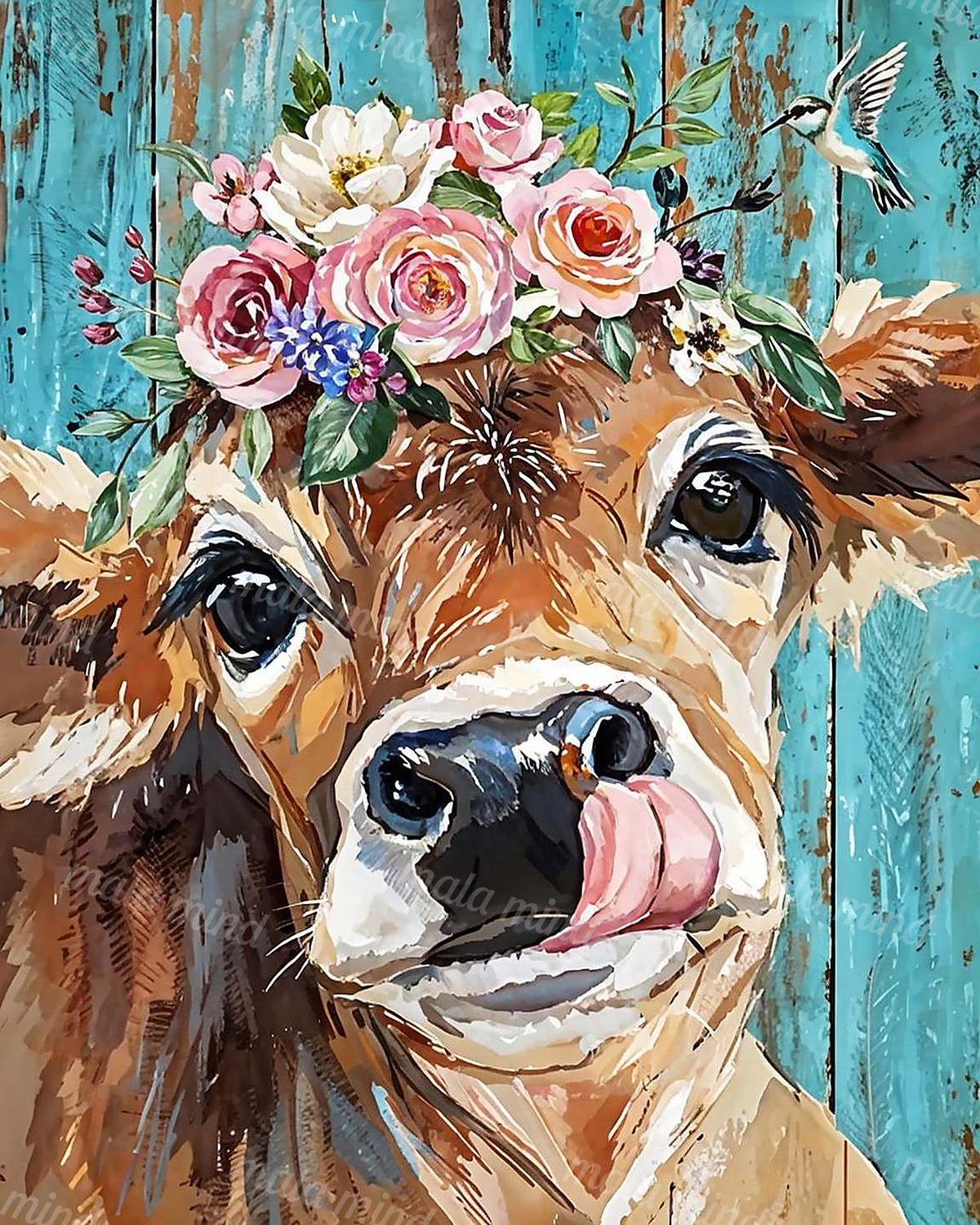 Watercolor close-up of a flower-crowned brown-and-white cow with its pink tongue out — 02_master_artwork
