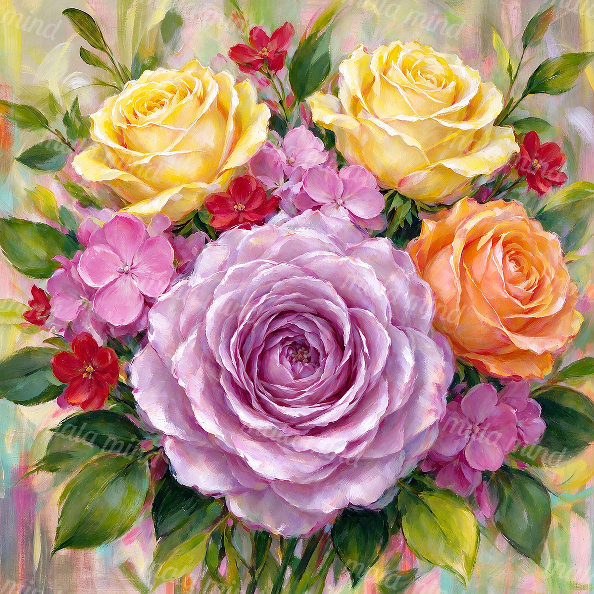 Painterly close-up bouquet with a large lavender rose, yellow roses, colorful blossoms, and green leaves — 02_master_artwork