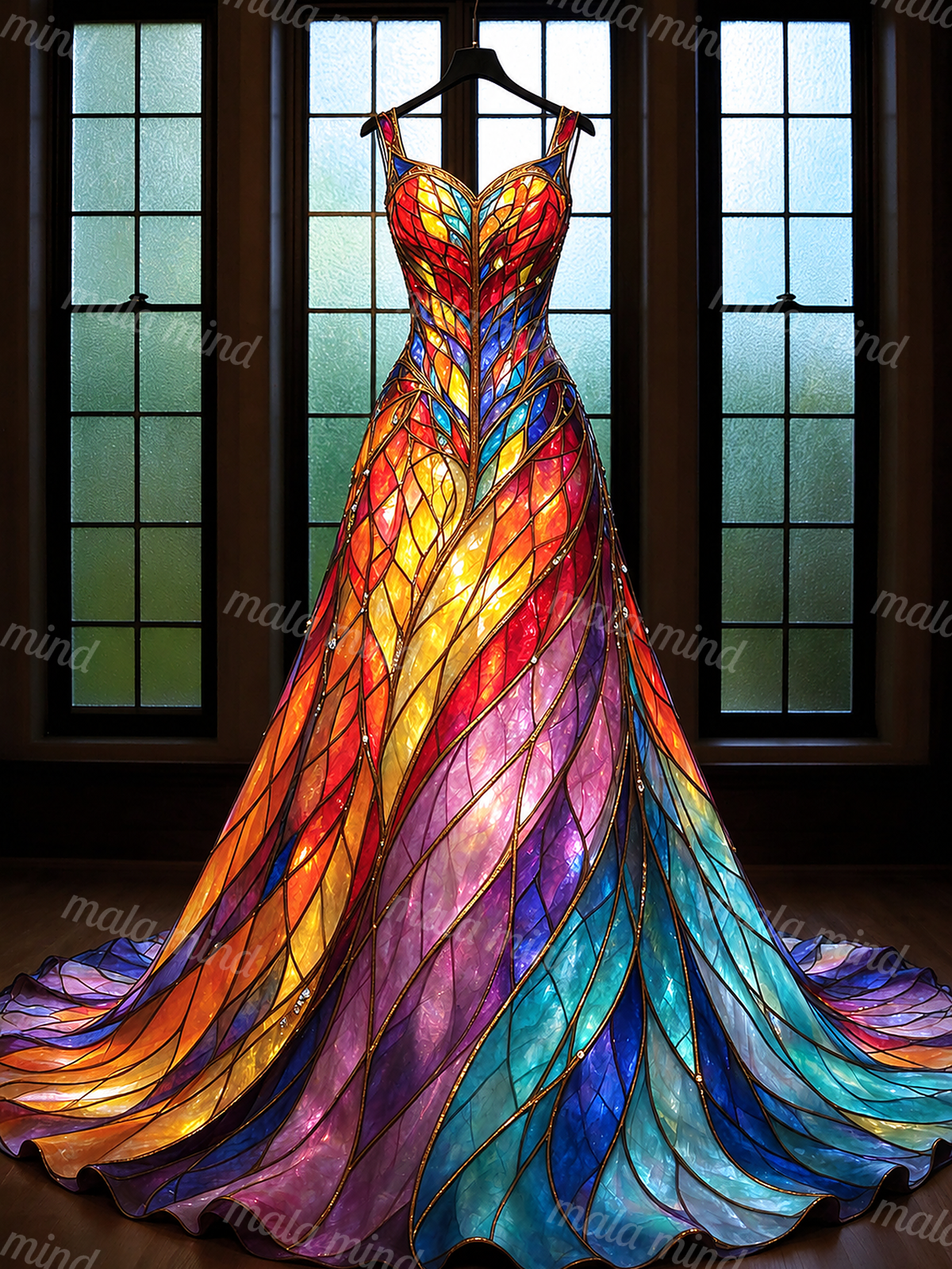Vivid stained-glass gown with a long colorful train displayed before frosted windows — 02_master_artwork