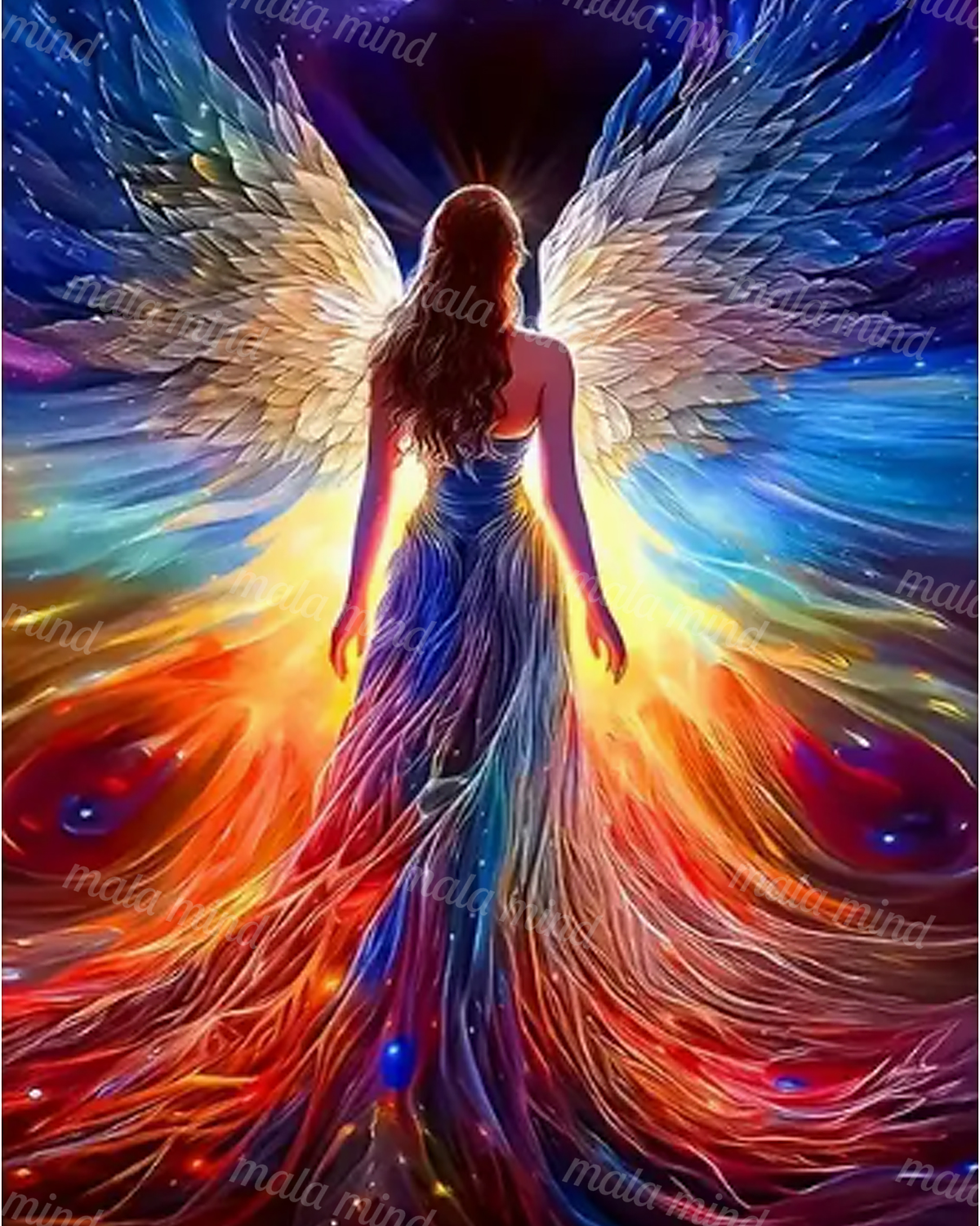Back-facing woman in a flowing gown with large white and blue wings amid radiant multicolored light — 02_master_artwork