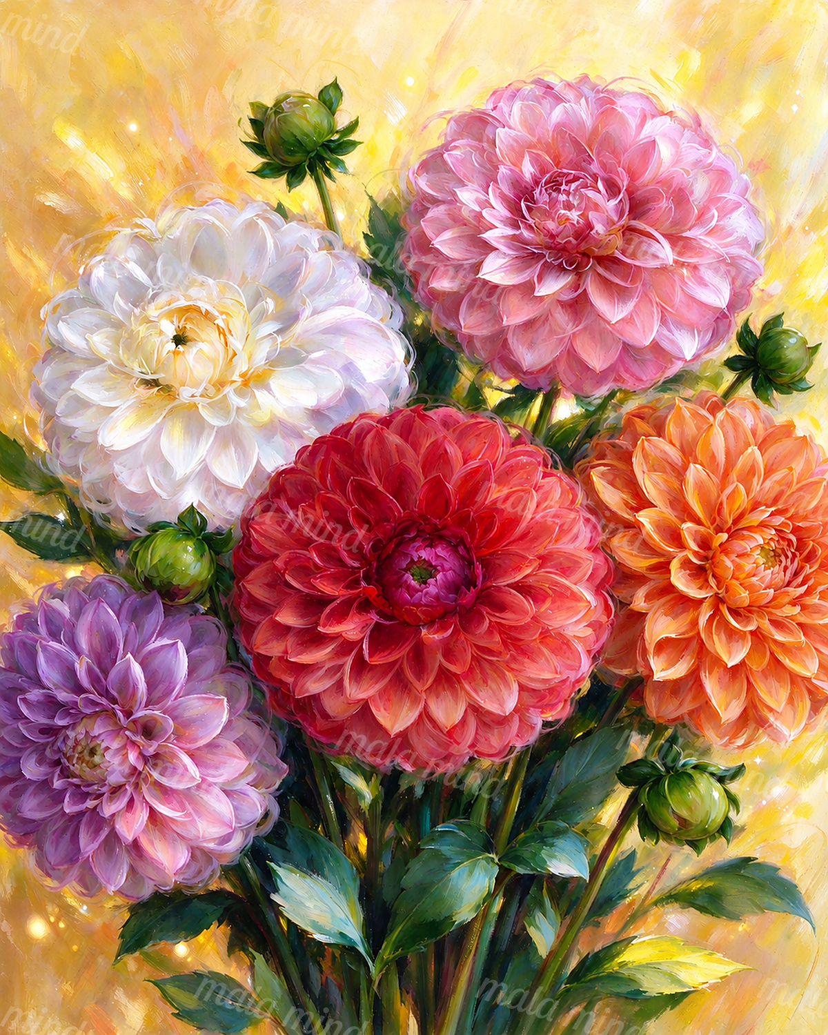 Painterly bouquet of pink, white, red, orange, and purple dahlias with green foliage on a golden background. — 02_master_artwork