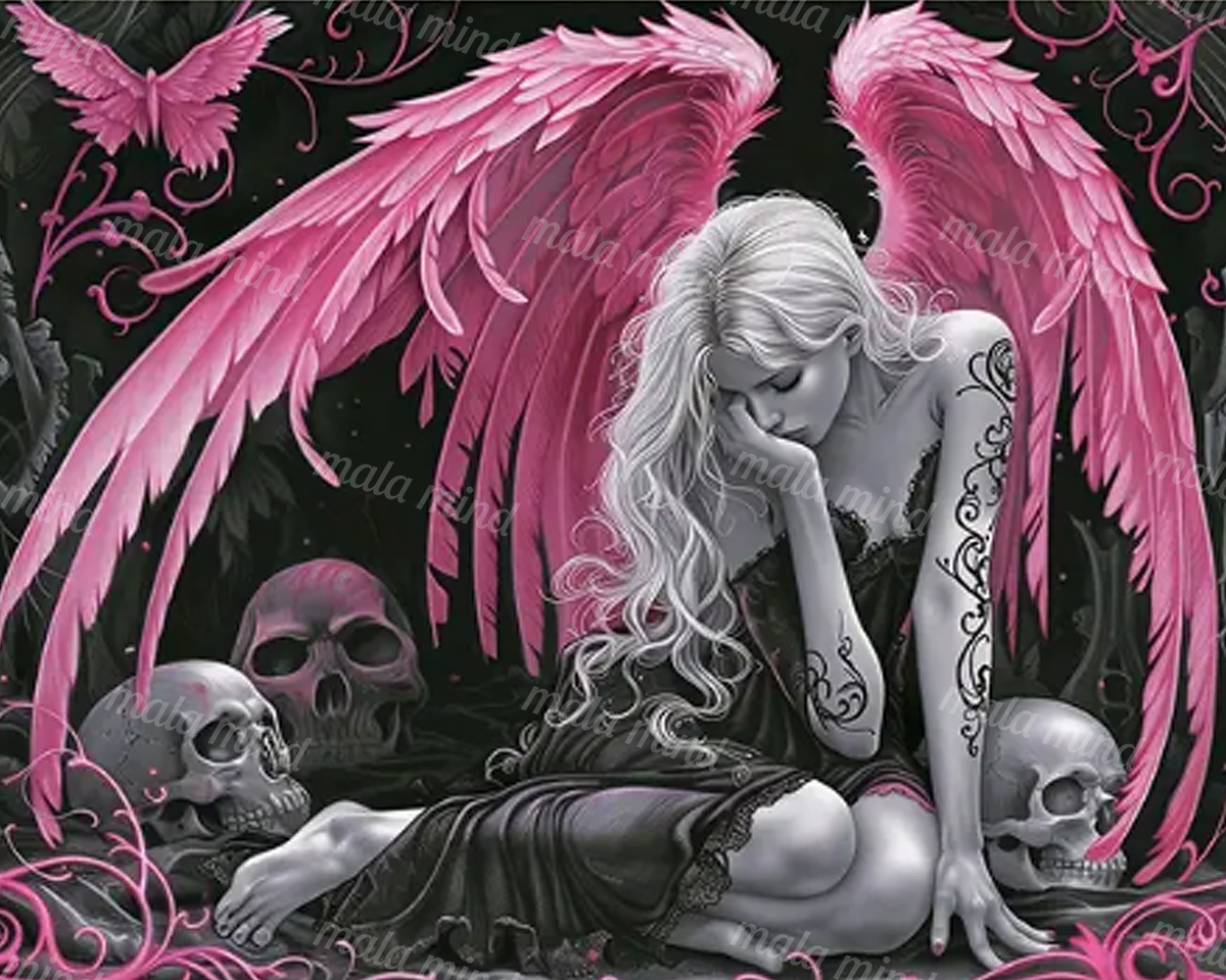 Seated tattooed woman with large pink wings, skulls, vines, and a butterfly in a dark gothic scene — 02_master_artwork