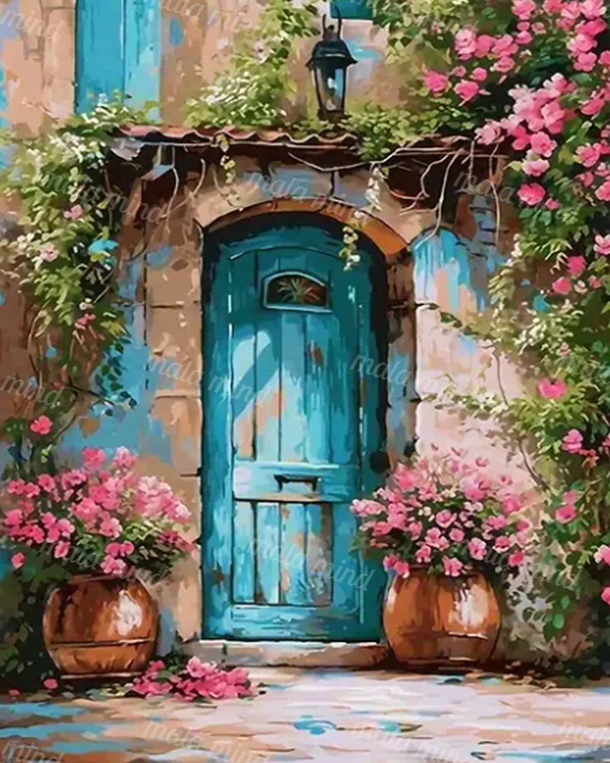 Turquoise arched door framed by pink flowers, green vines, terracotta pots, and a hanging lantern — 02_master_artwork