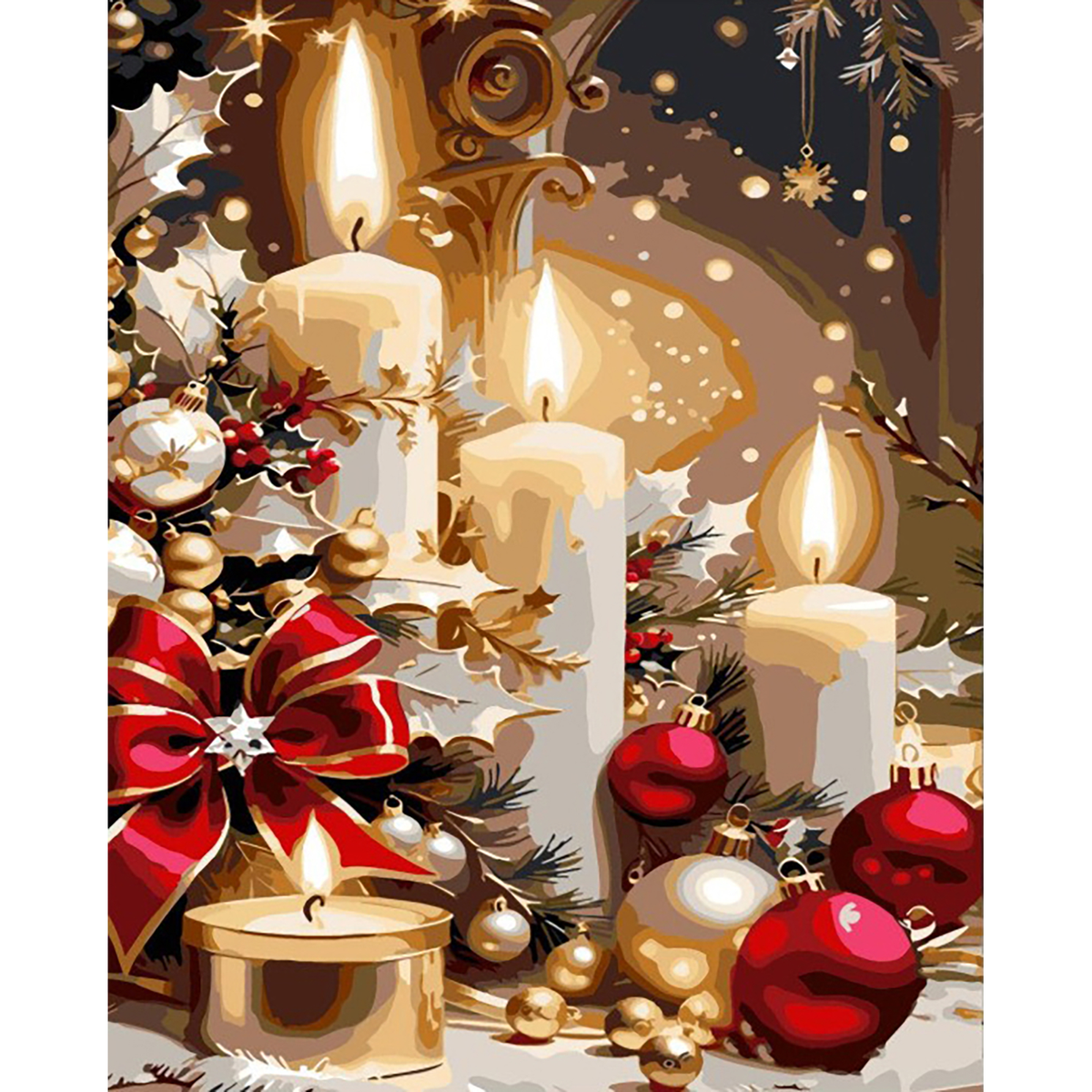 MalaMind Gallery V3 | 02 Master Artwork | CH-260921-017 | Candlelit Christmas still life with white candles, red ornaments, bows, berries, and evergreen branches
