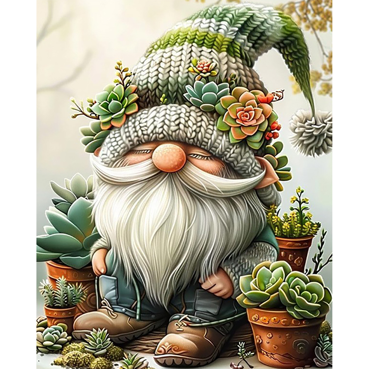 MalaMind Gallery V3 | 02 Master Artwork | FA-260921-010 | Bearded garden gnome in a succulent-filled setting with terracotta pots and a green pointed hat