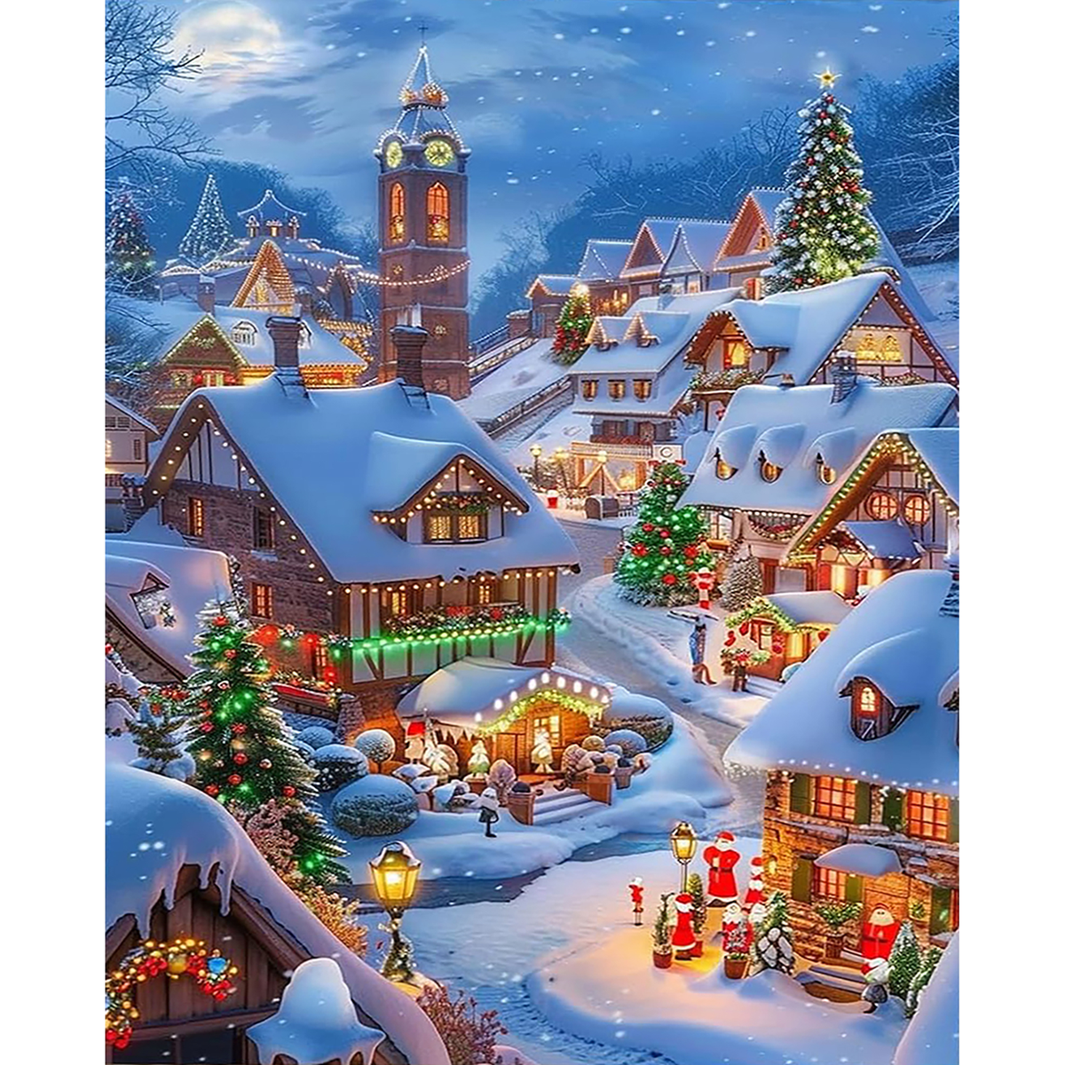 Snowy Christmas village with glowing chalets, church tower, decorated trees, falling snow, and warm holiday lights.