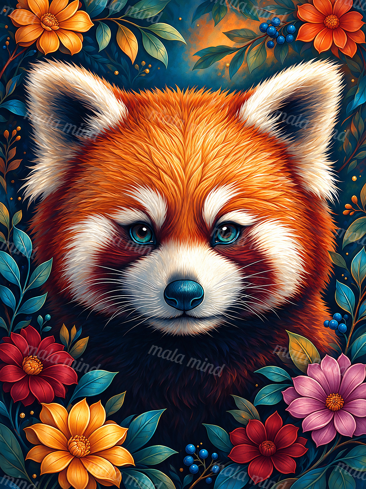 Close-up red panda with blue eyes framed by colorful flowers, leaves, and blue berries — 02_master_artwork