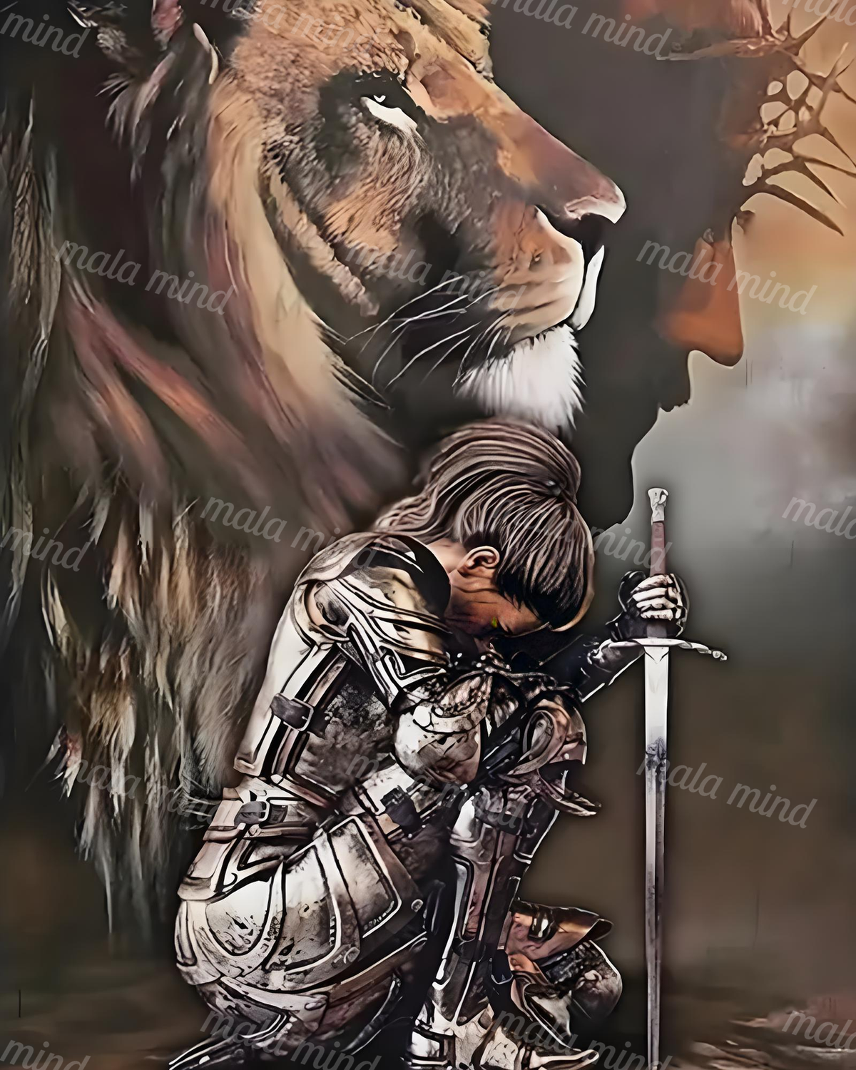 Profiled lion behind a kneeling armored figure holding a vertical sword — 02_master_artwork