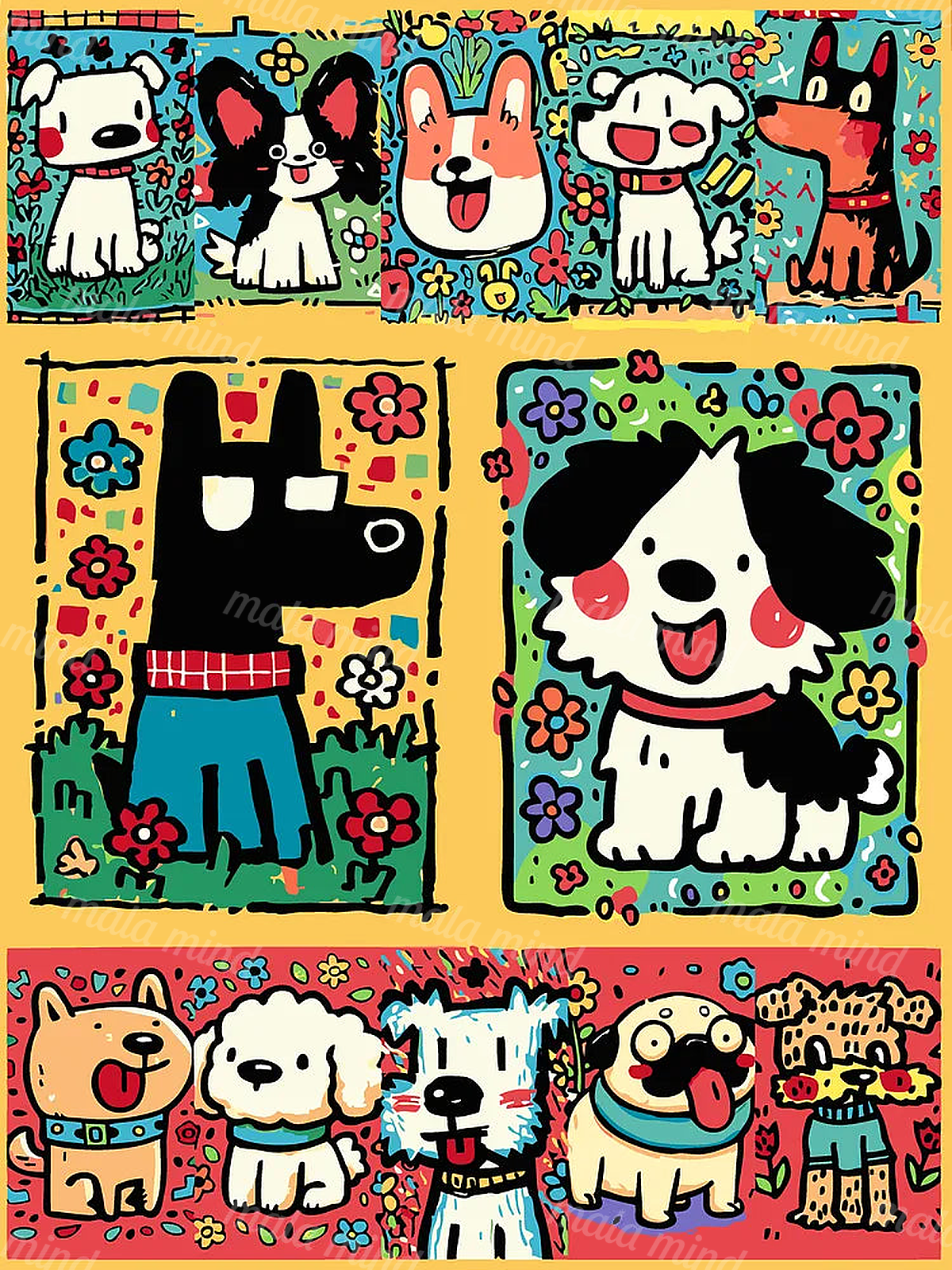Colorful cartoon dog portraits arranged in floral and geometric decorative panels — 02_master_artwork