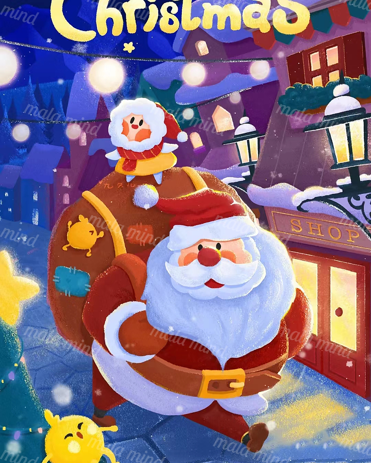 Cartoon Santa carrying a large sack through a snowy village with lights, lanterns, and a small yellow creature. — 02_master_artwork