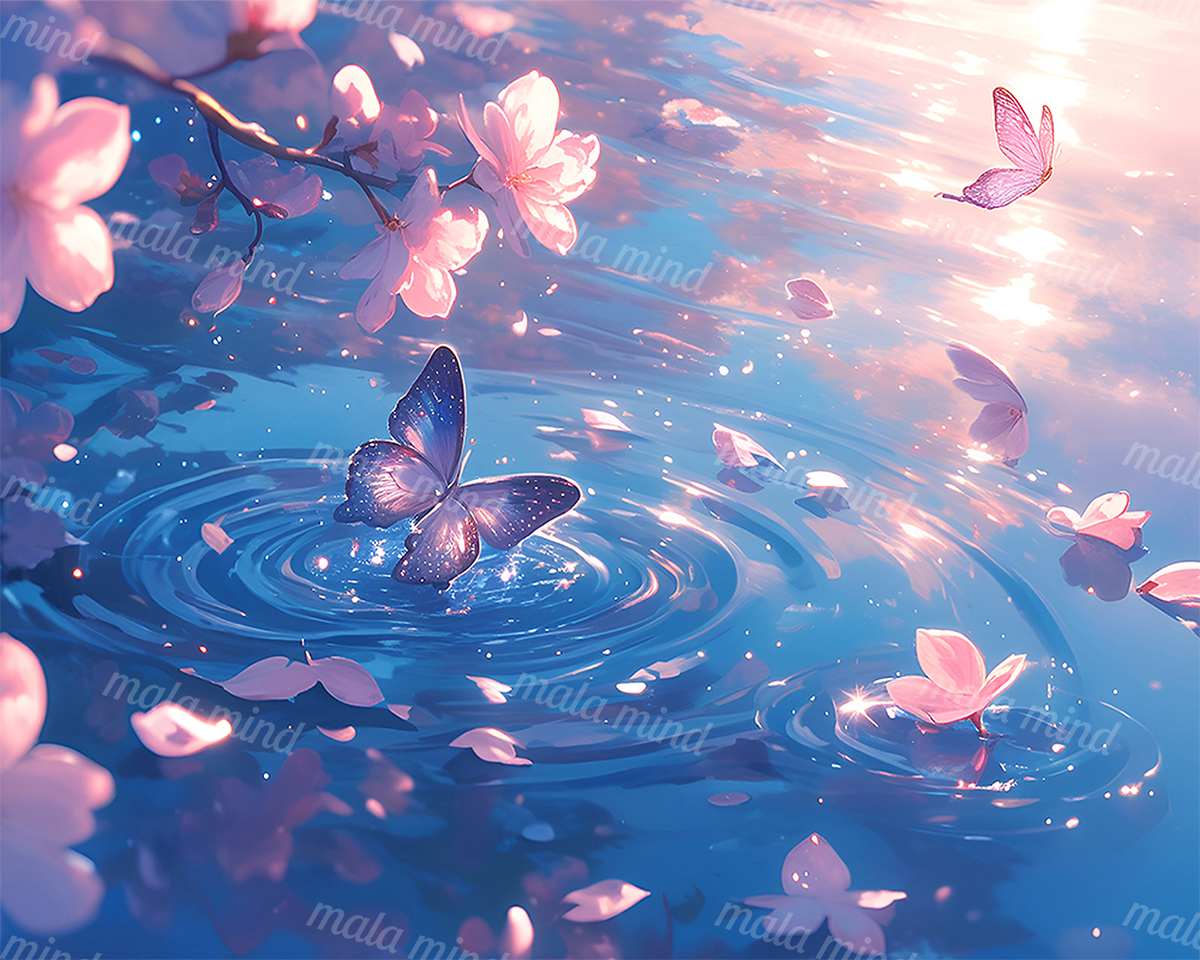 Butterflies and pink blossoms hover over rippling blue water with floating petals and bright reflections. — 02_master_artwork