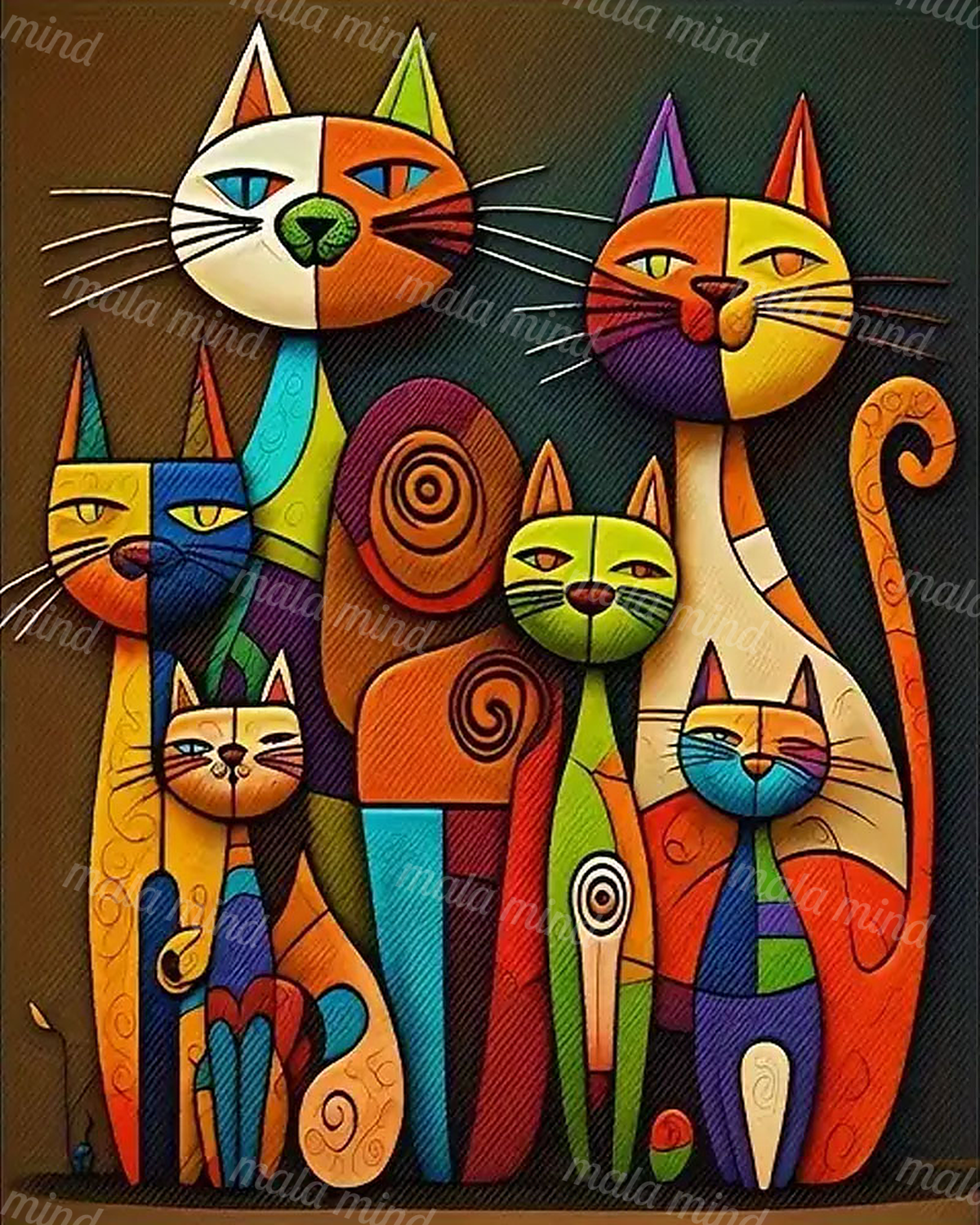 Seven colorful geometric cats with patterned bodies and spiral details in a tightly grouped portrait — 02_master_artwork