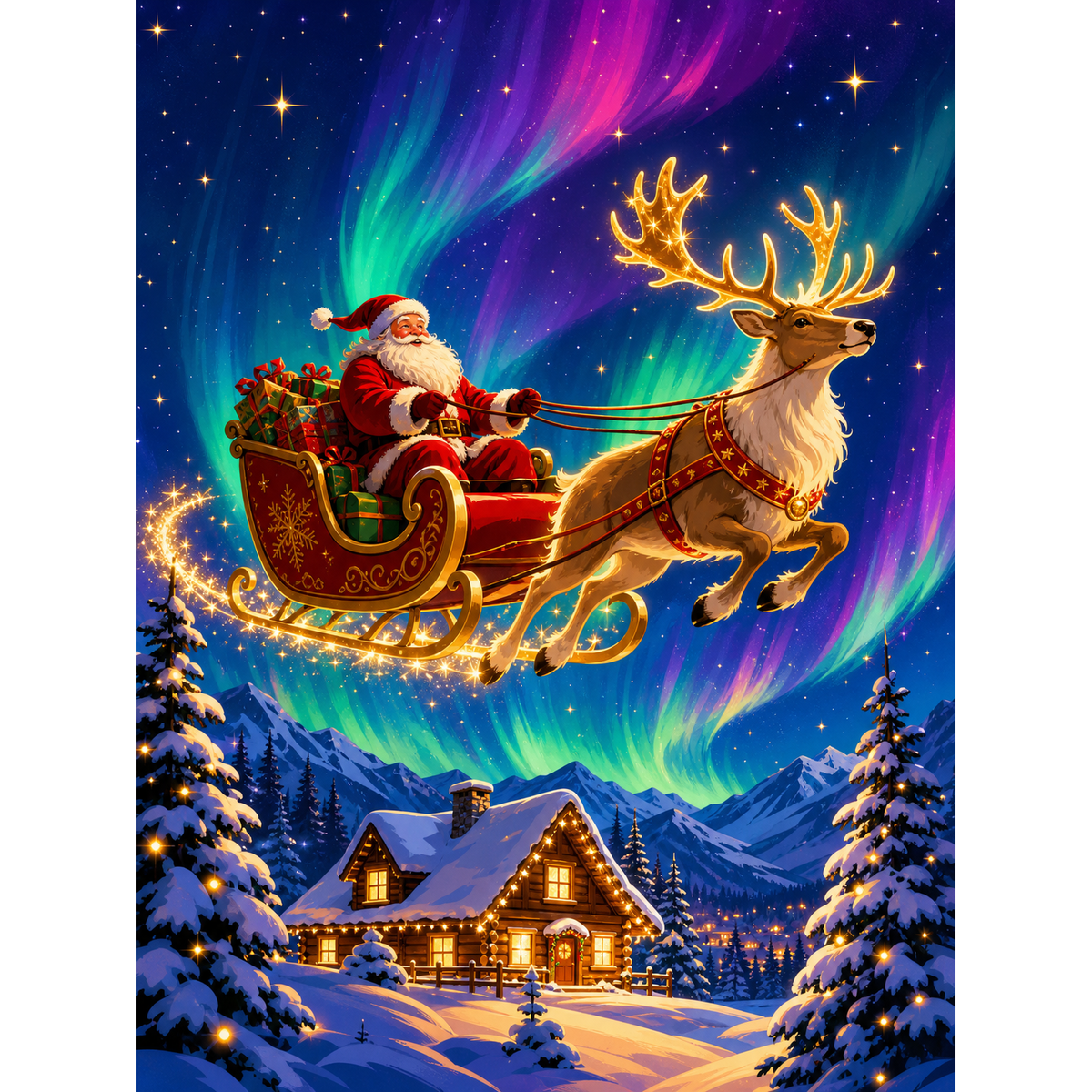 MalaMind Gallery V3 | 02 Master Artwork | CH-260929-001 | Santa rides a glowing reindeer sleigh above a snowy cabin beneath a colorful aurora.