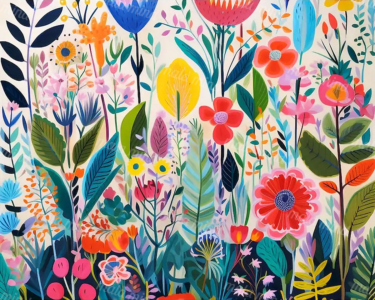 Colorful flat-style botanical garden filled with stylized flowers, leaves, stems, and seed heads — 02_master_artwork