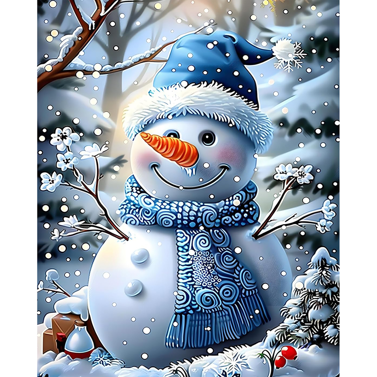 MalaMind Gallery V3 | 02 Master Artwork | CH-260921-075 | Smiling snowman in a blue hat and patterned scarf surrounded by snowy branches and an evergreen tree