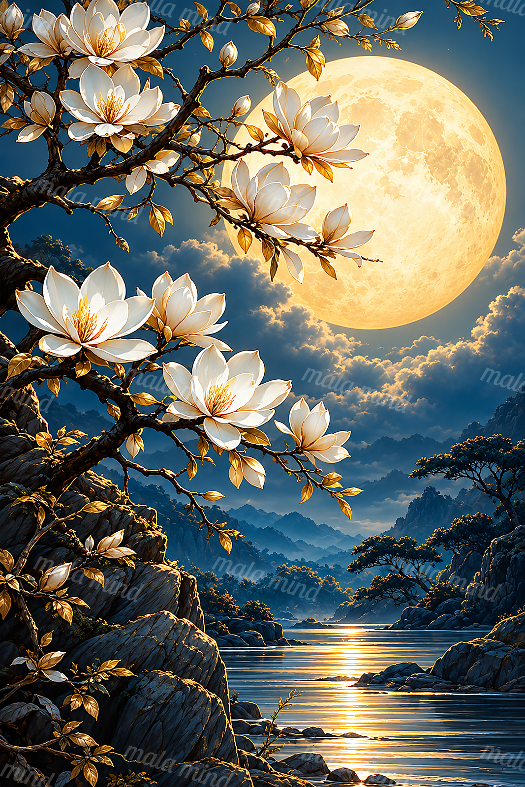 White magnolia branches frame a glowing full moon above a reflective mountain river and layered peaks. — 02_master_artwork