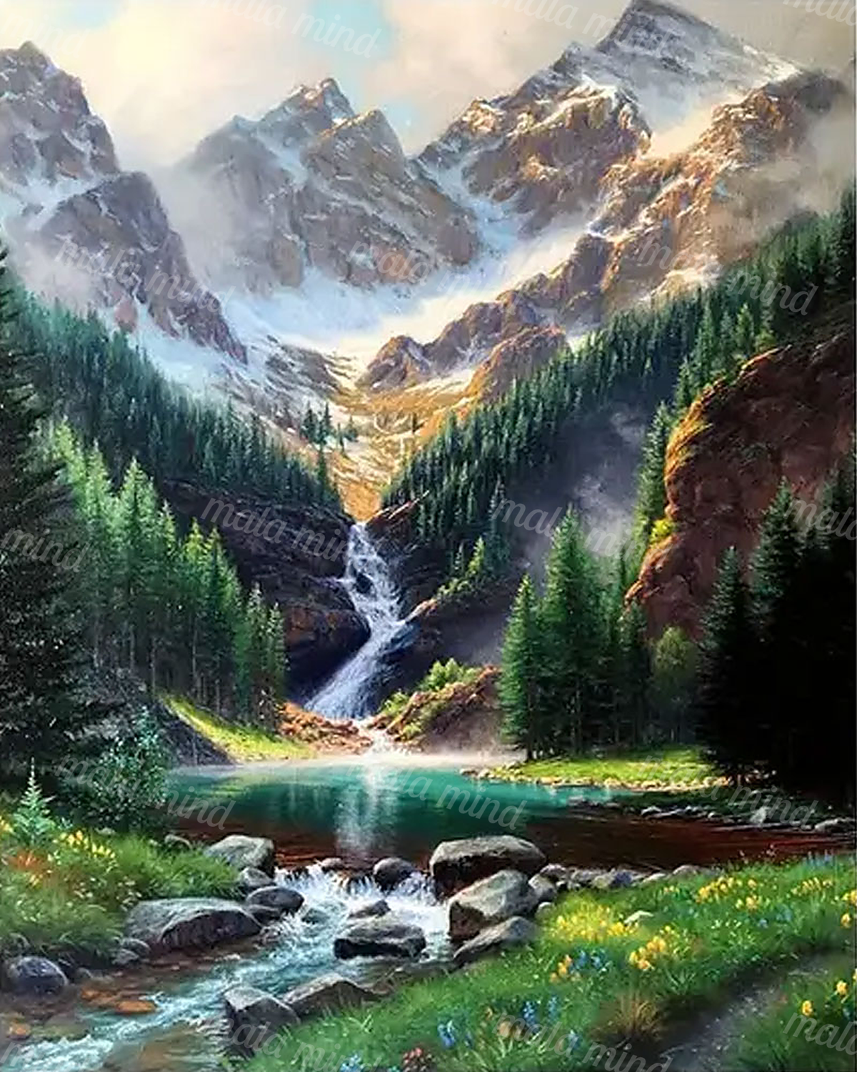 Painterly mountain landscape with a waterfall, evergreen forest, turquoise pool, snowy peaks, and rocky stream — 02_master_artwork
