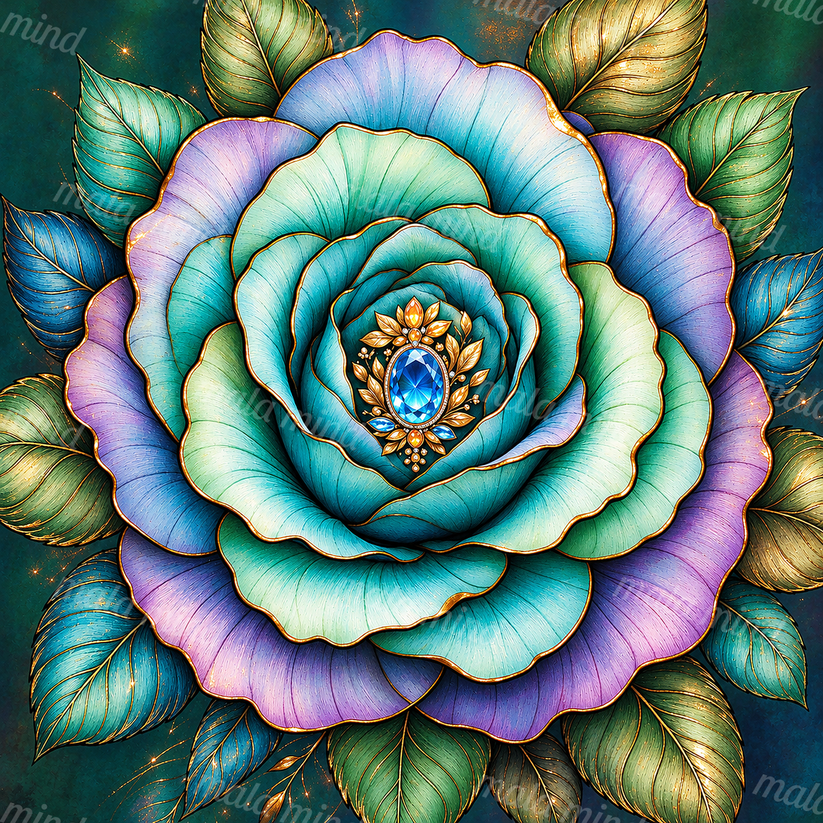 Layered turquoise and lavender flower with gold edges, green leaves, and a blue gemstone center — 02_master_artwork