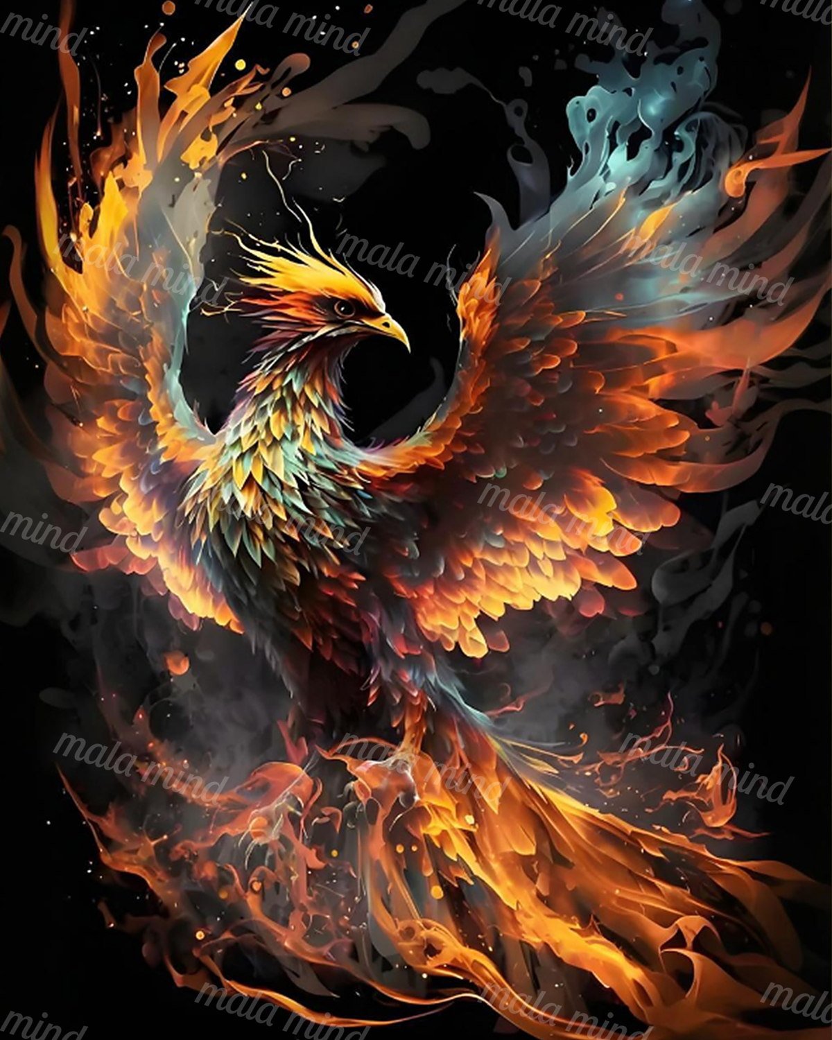 Fiery phoenix with multicolored wings, flames, smoke, and glowing embers against a black background — 02_master_artwork