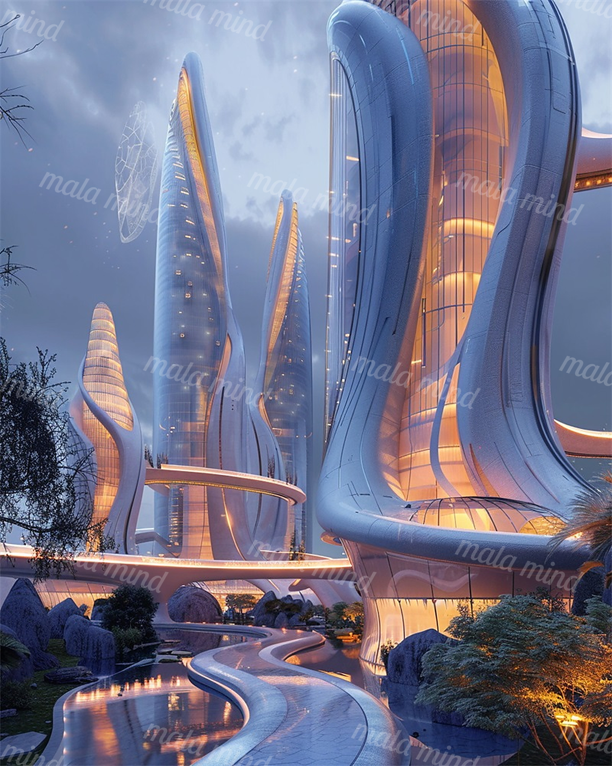 Futuristic curved towers with glowing windows, elevated walkways, gardens, and reflective pools at dusk — 02_master_artwork