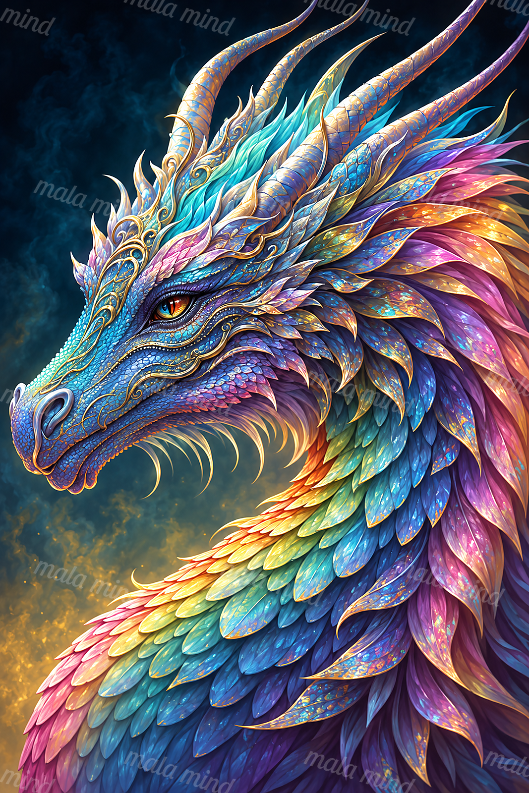 Colorful ornate dragon portrait with curling horns, amber eye, and layered iridescent scales — 02_master_artwork